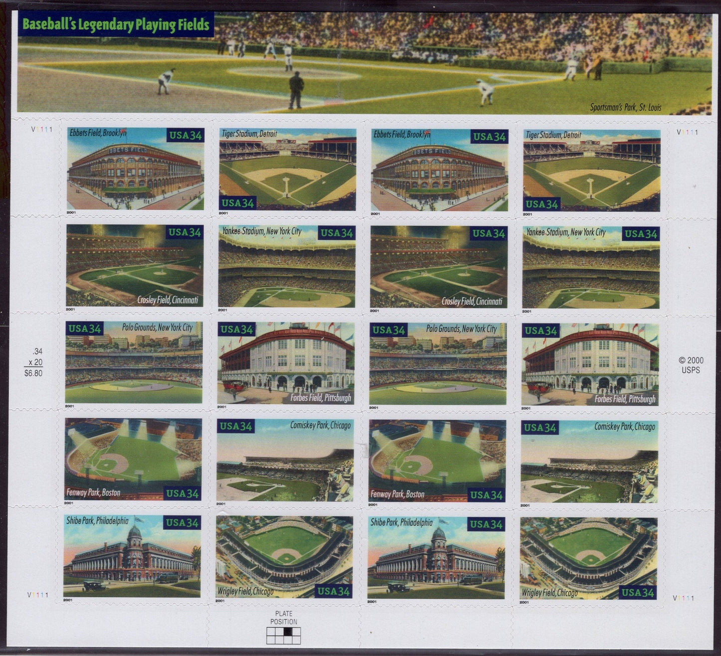 20 BASEBALL LEGENDARY STADIUMS Ball Parks Playing Fields Sheet with Back