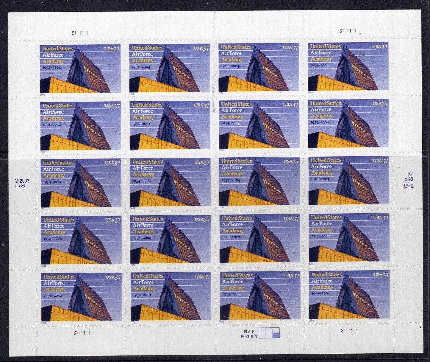 AIR FORCE ACADEMY Sheet of 20 Cadet Chapel 3-D - 37c