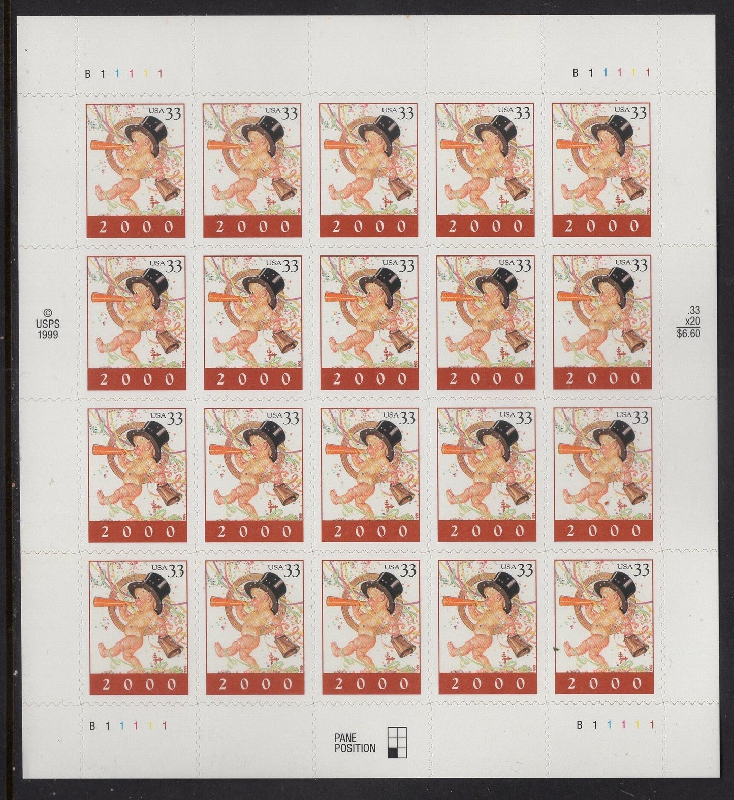 Happy NEW YEAR 2000 BABY High Hat Bell 33c Sheet of 20