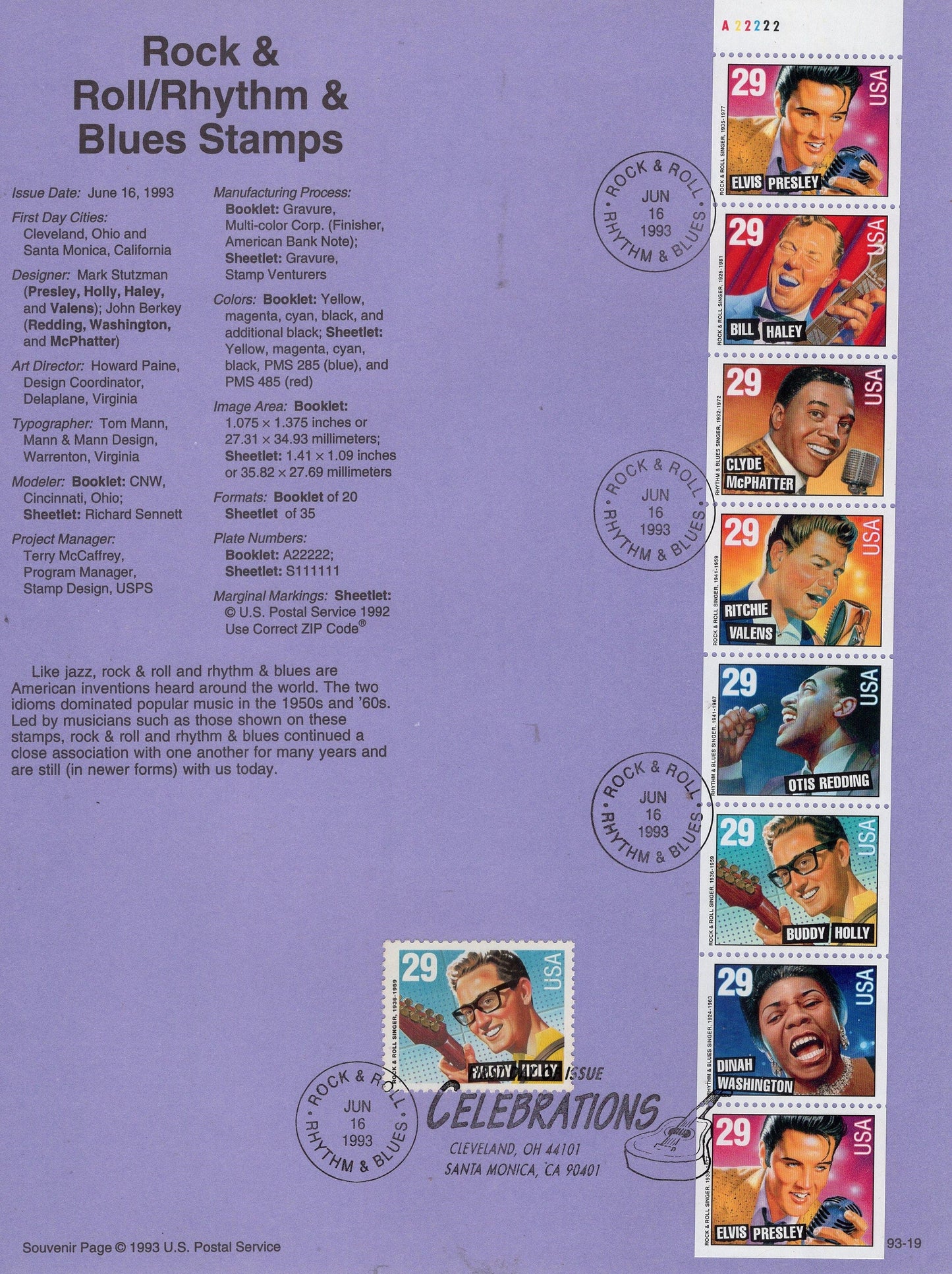 JAZZ SINGERS ELVIS D Washington Black Heritage Usps Souvenir Page with First Day Cancel