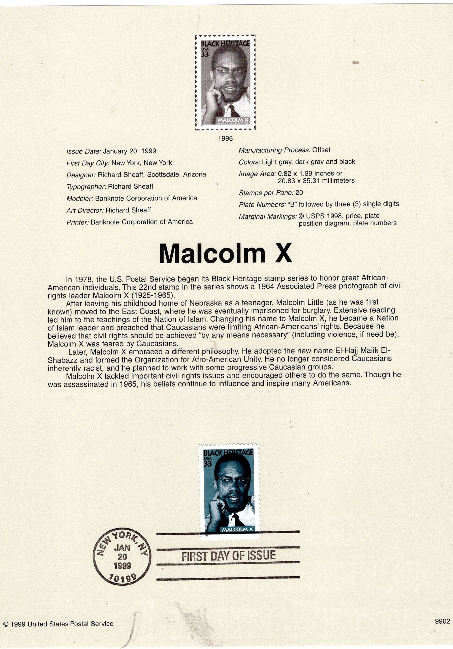 MALCOLM X Civil Rights Activist Black Heritage Official USPS Souvenir Page First Day