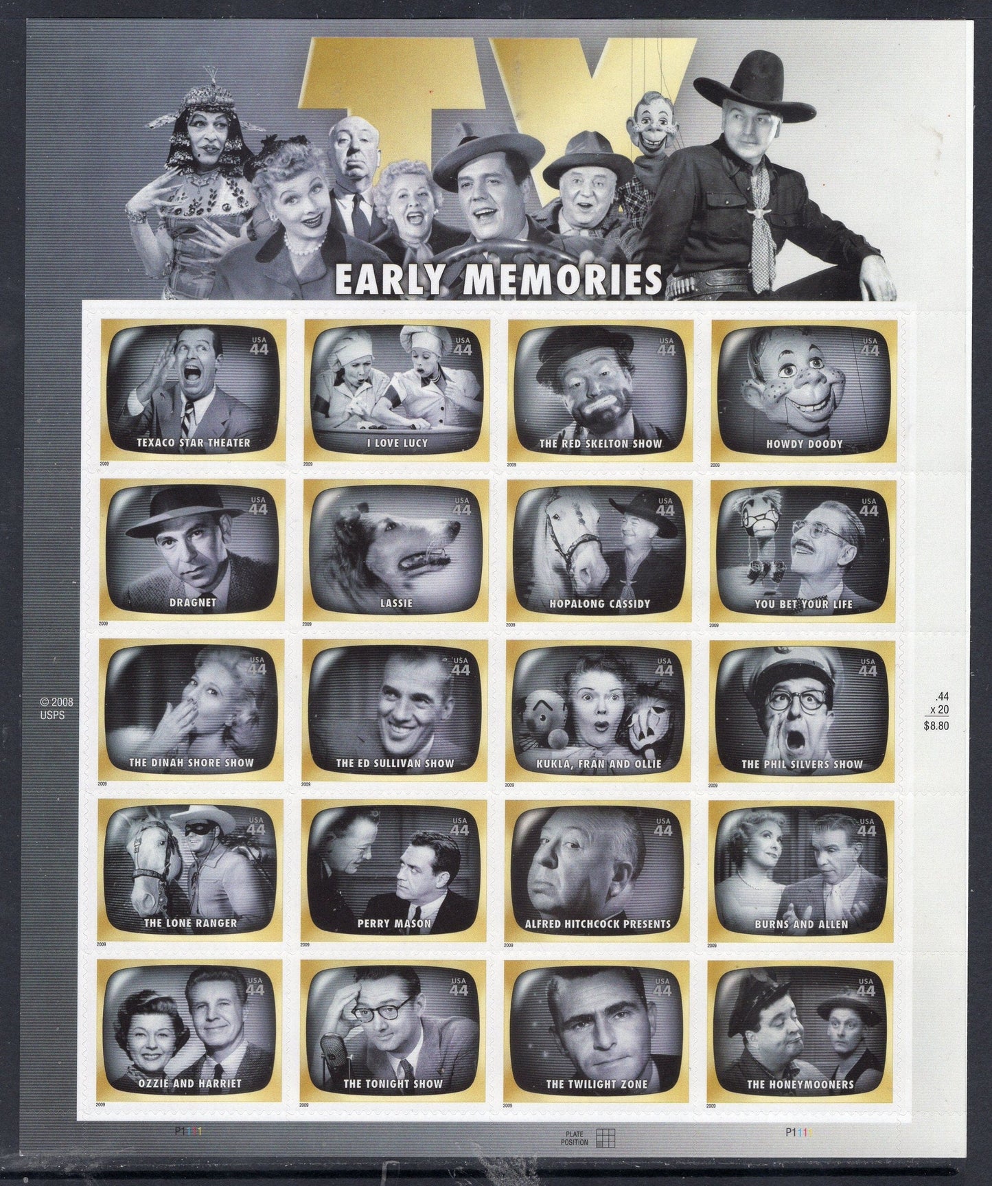 TV SHOW MEMORIES Decorative Sheet of 20 44c Lucy Howdy Dragnet Lassie