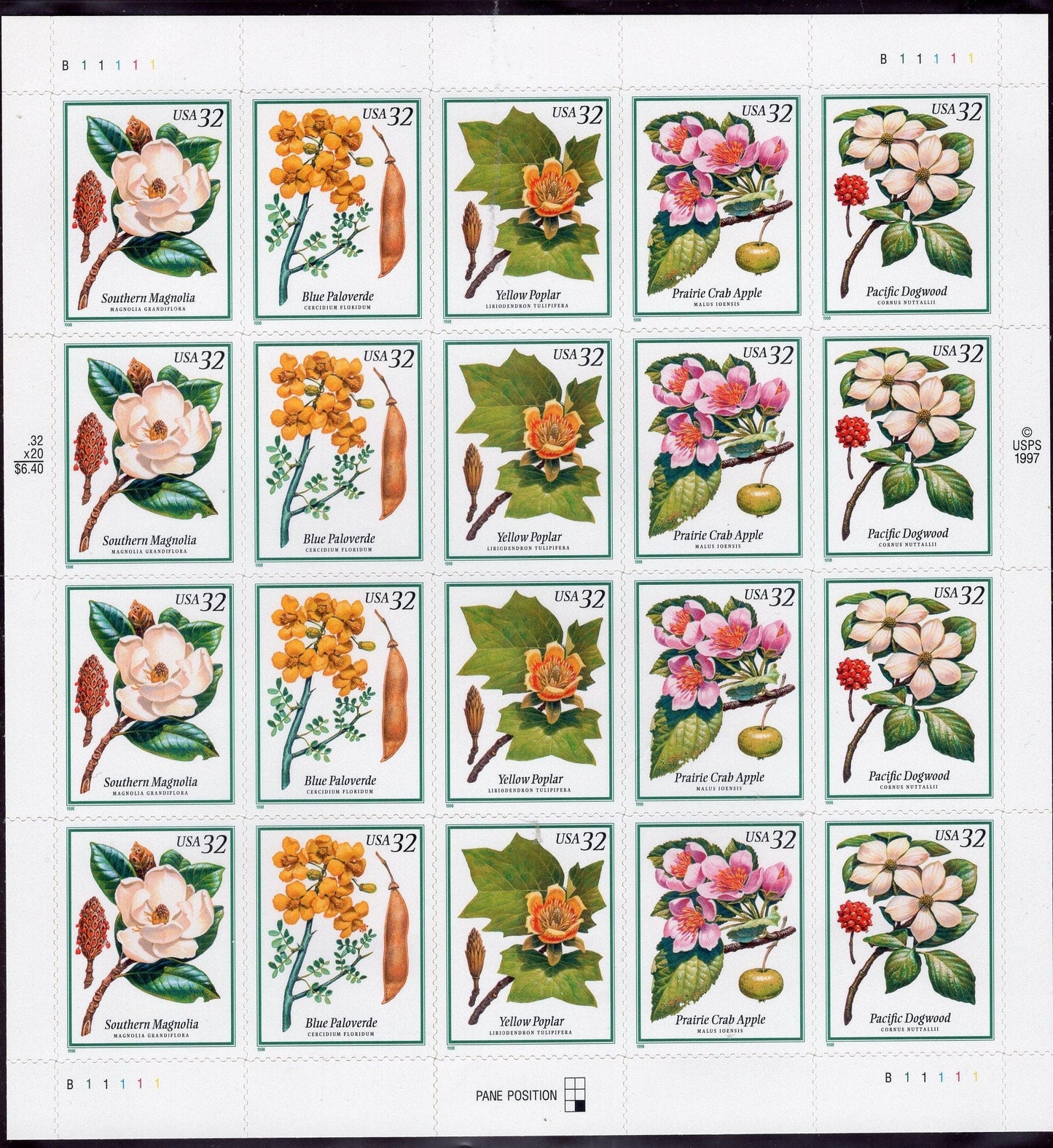 FLOWERING TREES Strips or Sheets Weddings Magnolia Dogwood Apple Poplar 32c Self-adhesive