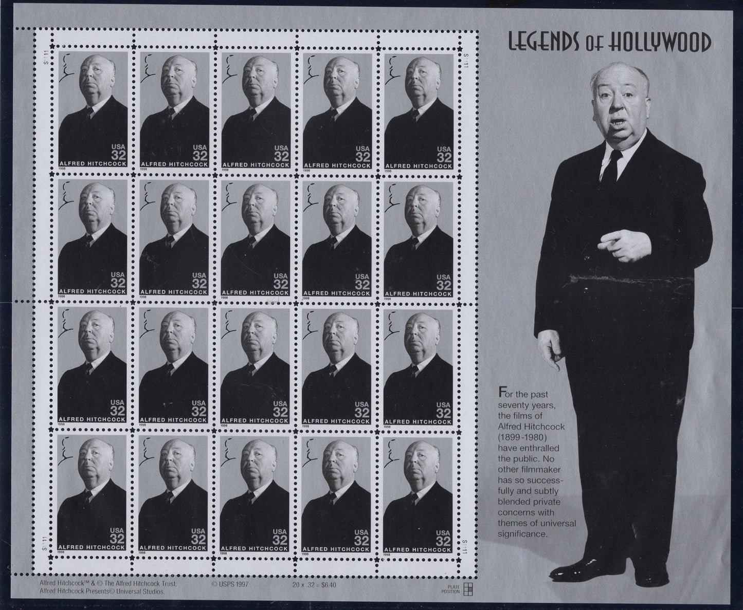 ALFRED HITCHCOCK Cinema Legend of HOLLYWOOD Decorative Sheet of 20 32c