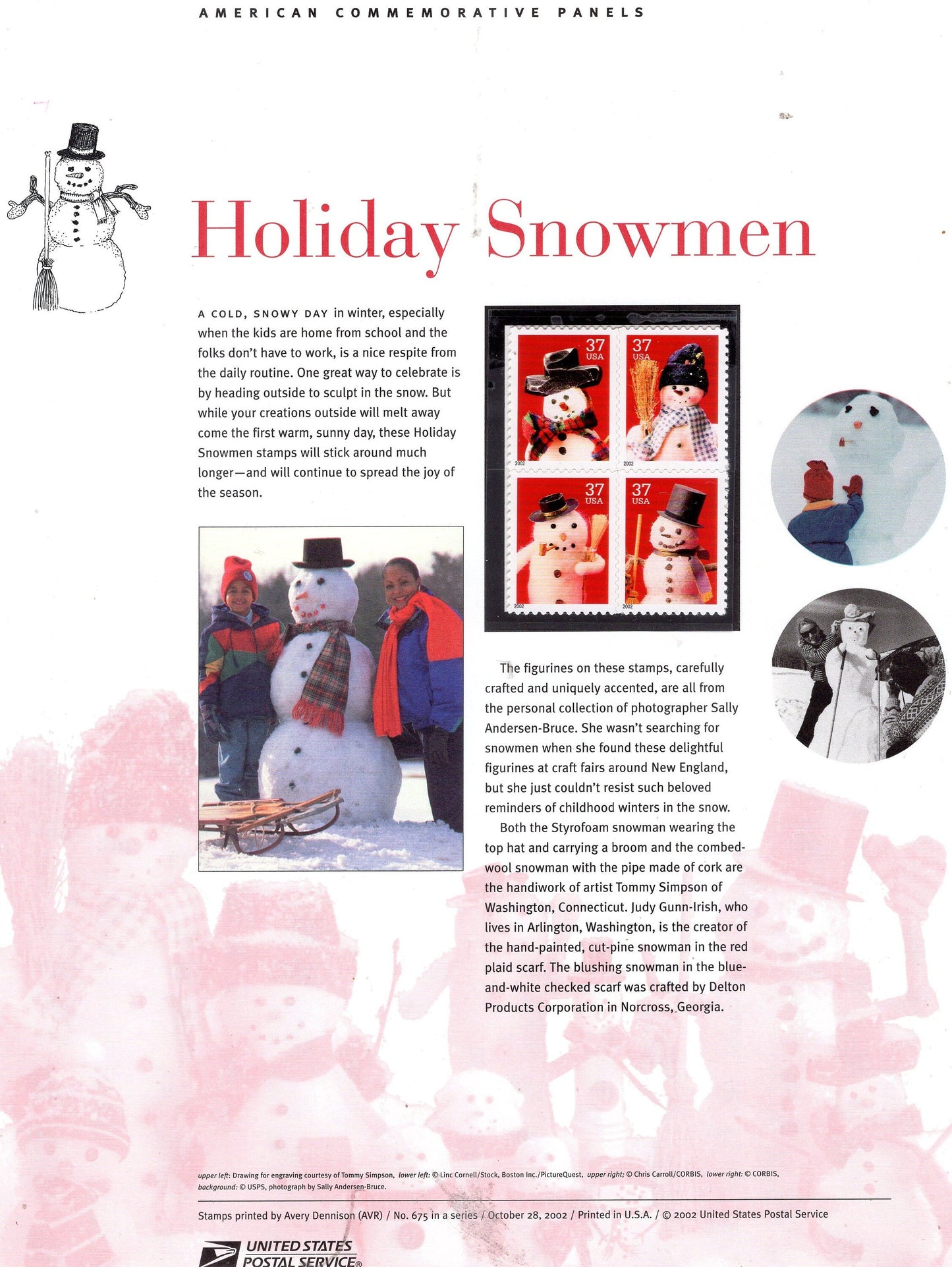 HOLIDAY SNOWMEN CHRISTMAS Commemorative Panel w/ Block of 4 675