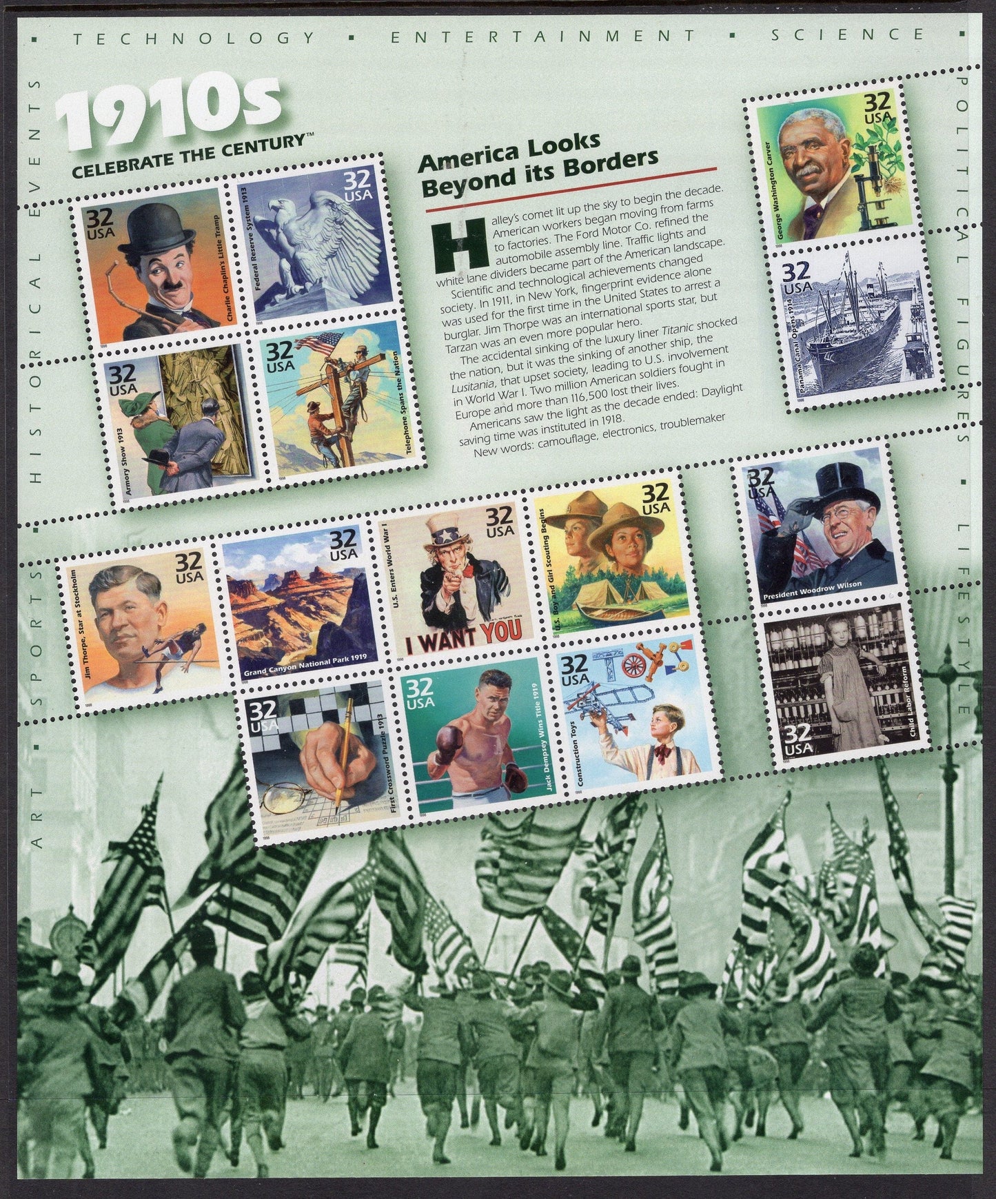 CELEBRATE the 1910's DECADE with this SHEET Showing 15 Important Events Scenes 1910-1919