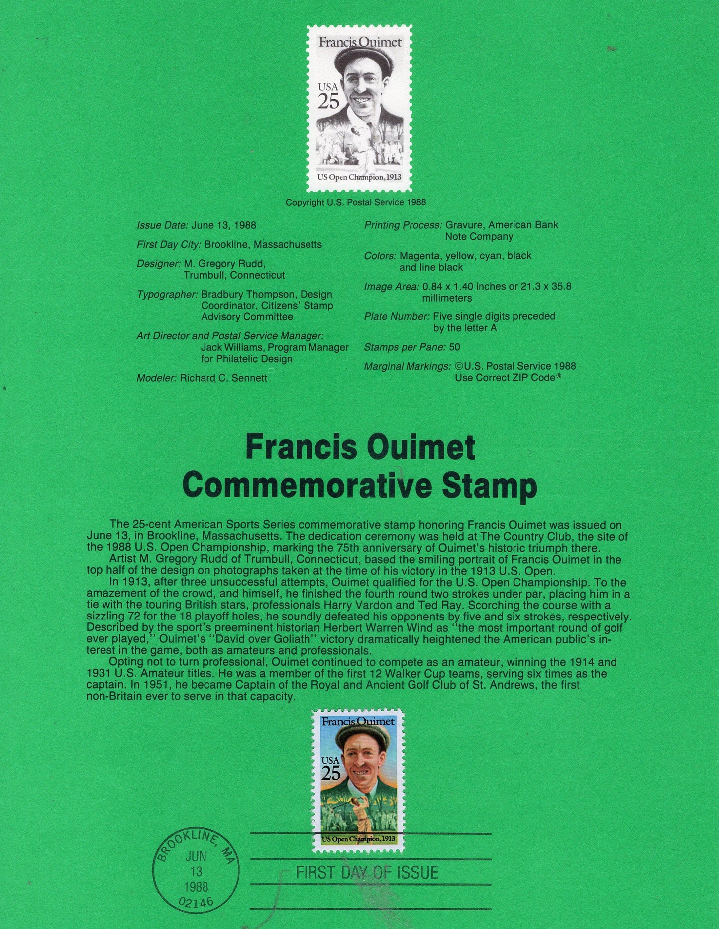 FRANCIS QUIMET GOLF Open Champion Brookline Lowry Official USPs Souvenir Page First Day