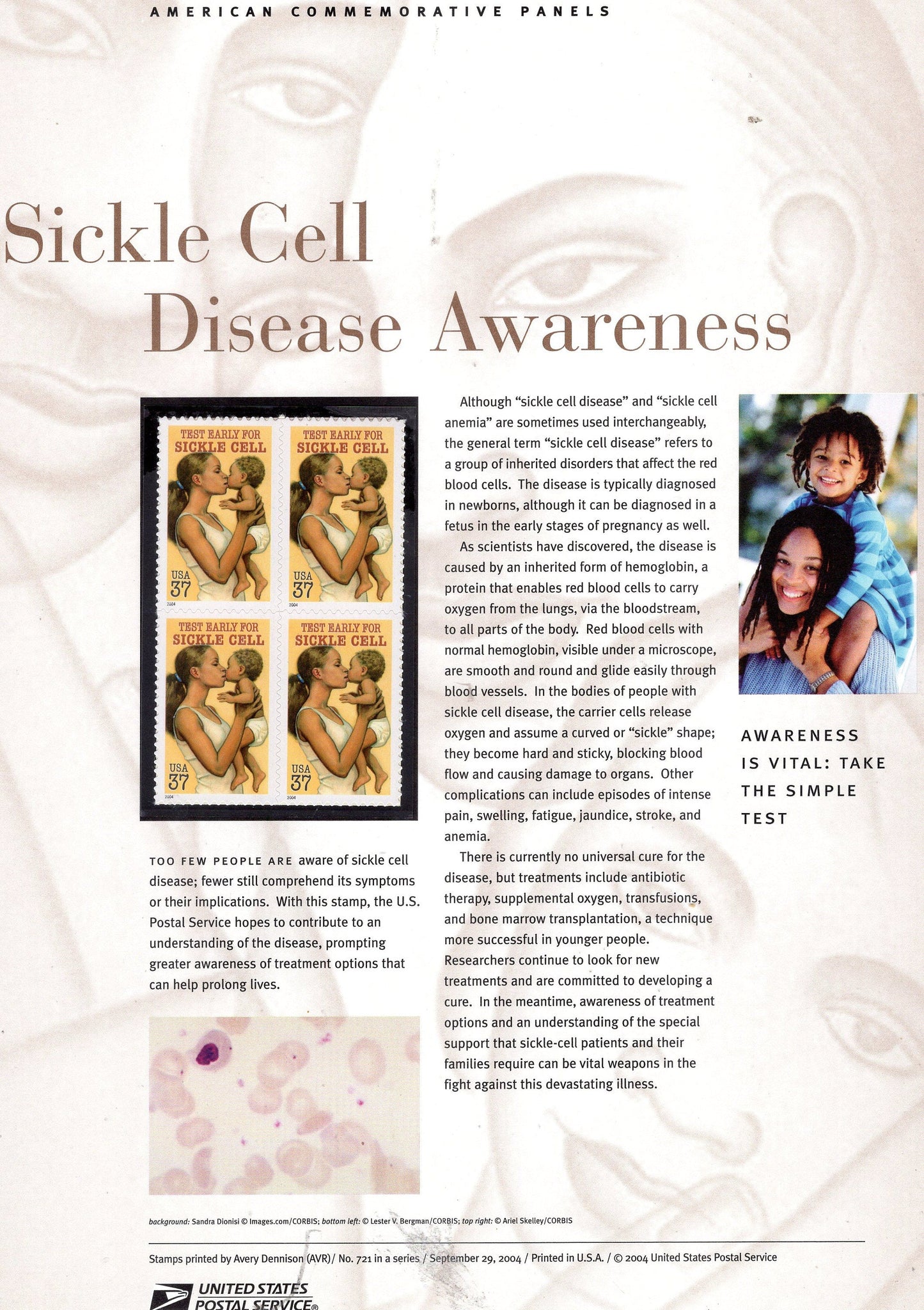 SICKLE CELL DISEASE Awareness Hemoglobin Commemorative Panel with Block of 4