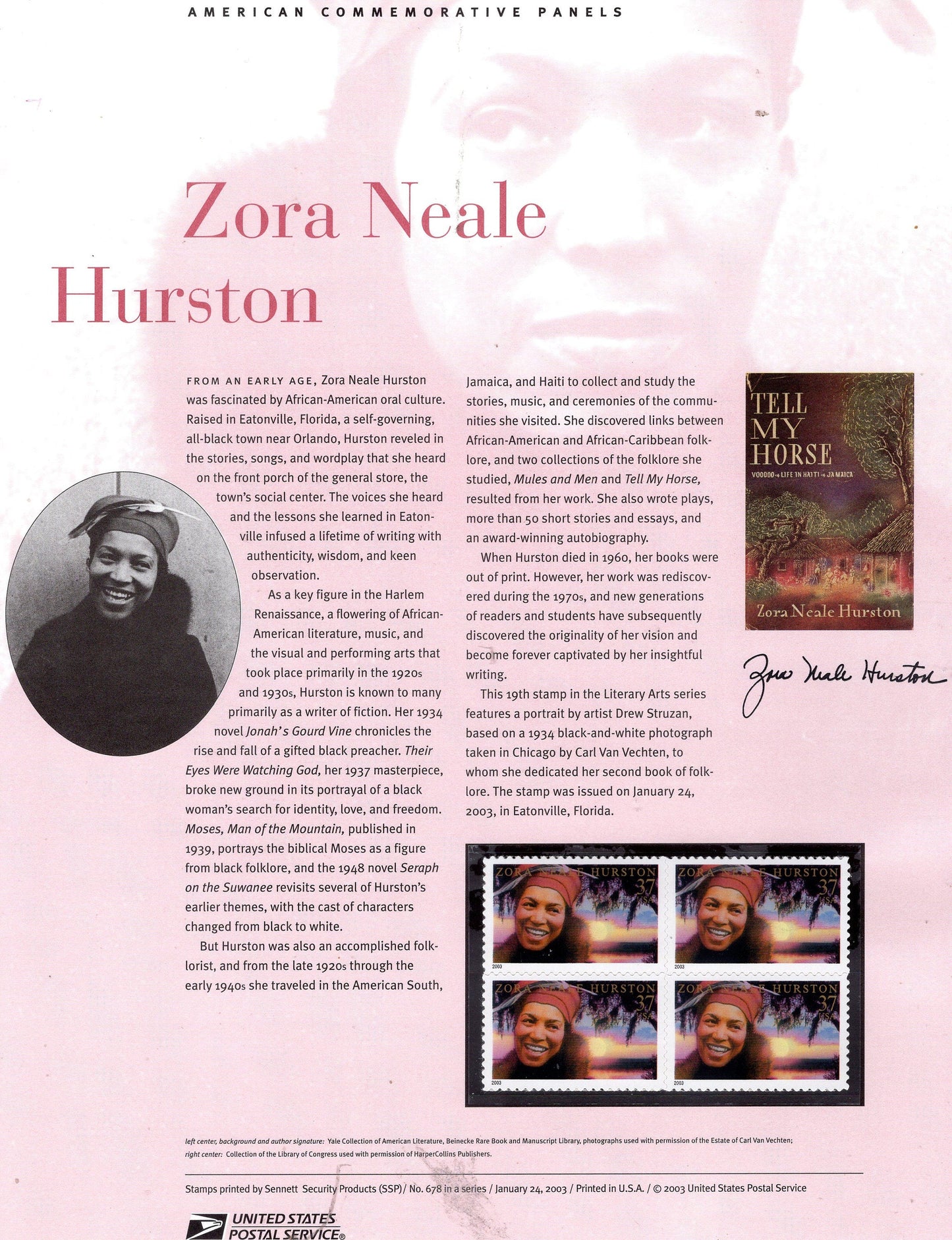 ZORA NEALE HURSTON Black American Renaissance Commemorative Panel with Block of 4