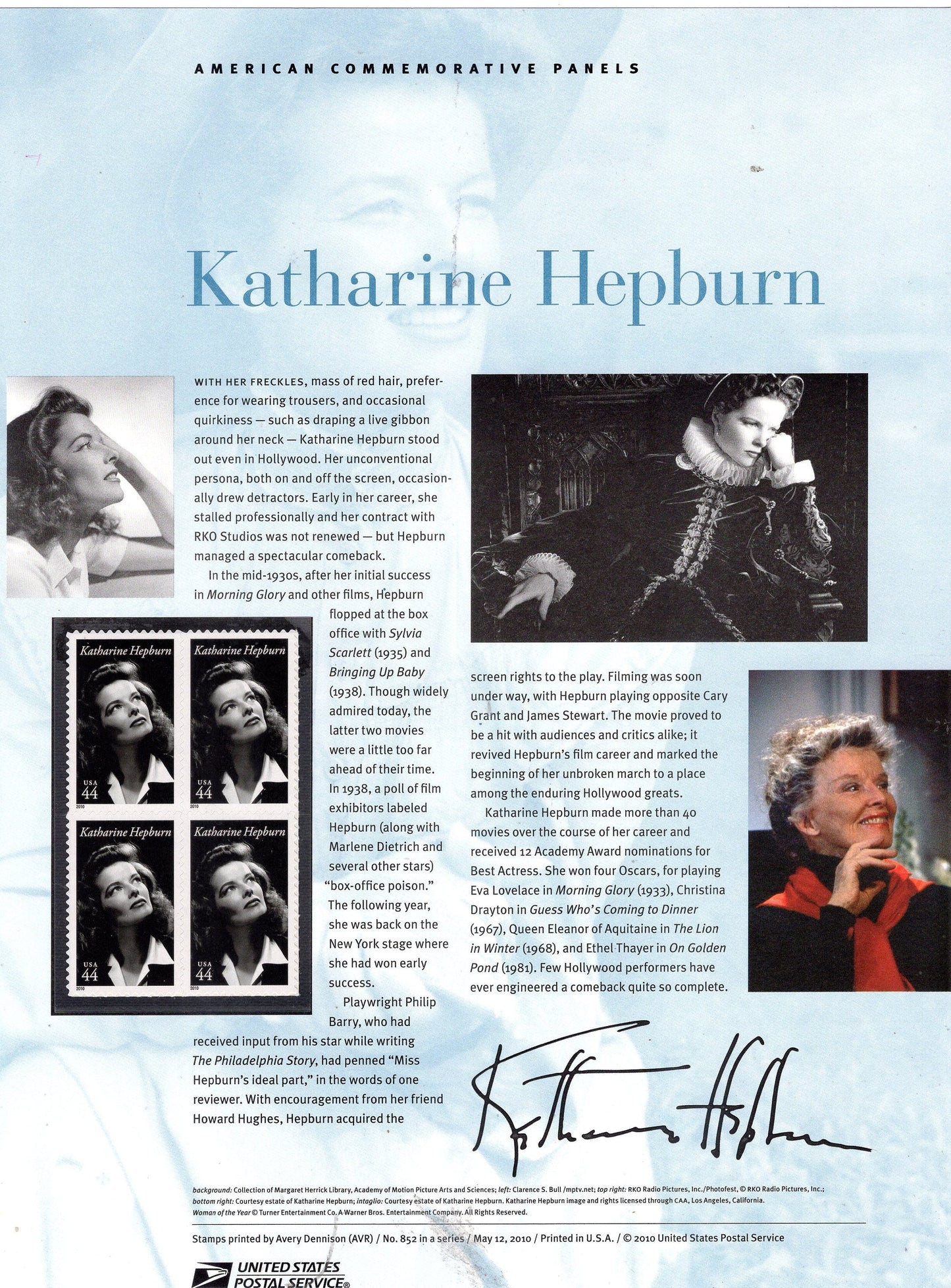 KATHARINE HEPBURN ACTRESS Movies Cinema Academy Award Commemorative Panel 4