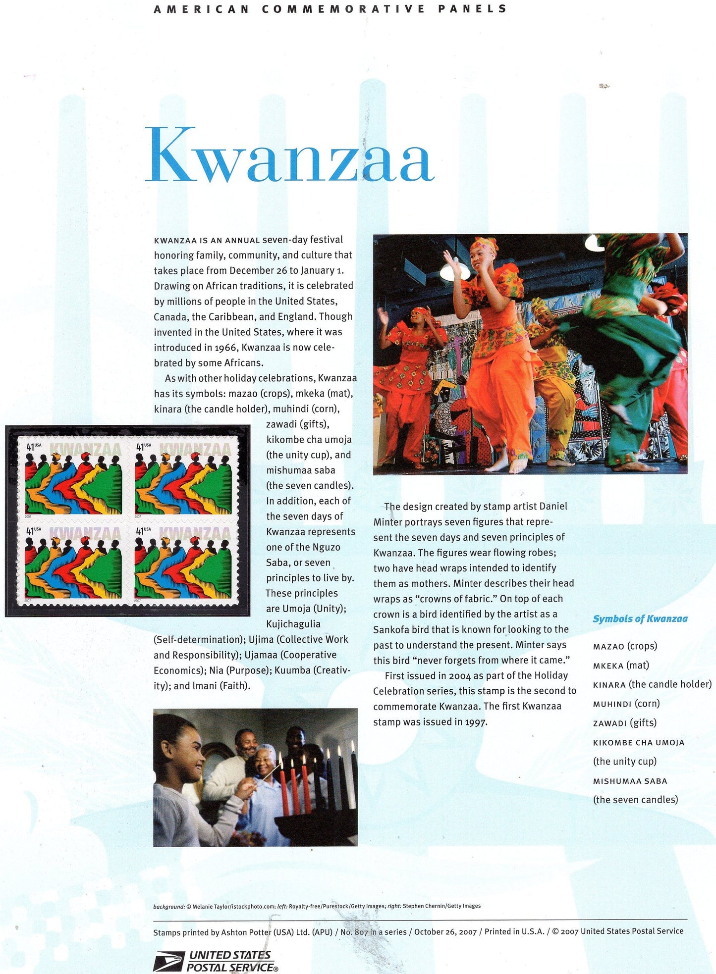 KWANZAA FESTIVAL SYMBOLS Black Heritage Crops Family Commemorative Panel w/ Block 4