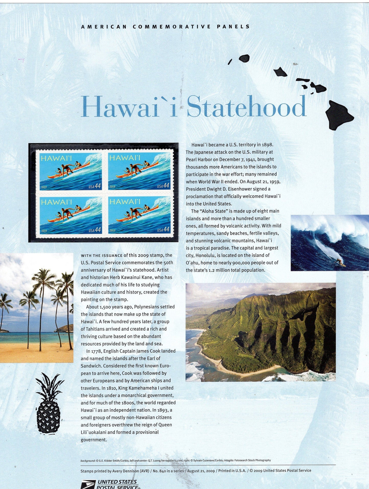 HAWAII SURFER SURFING Statehood Aloha Kamehameha Commemorative Panel w/ 4