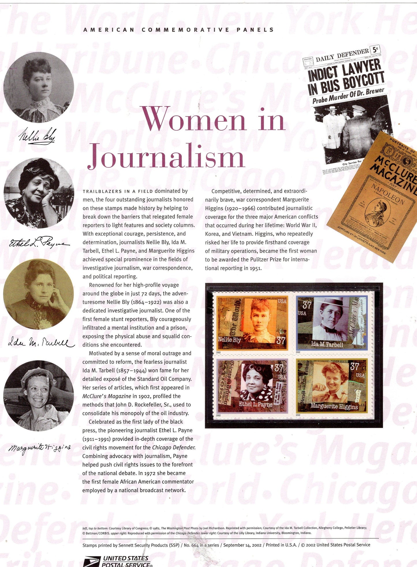 WOMEN in JOURNALISM BLY Payne Commemorative Panel w/ Block of 4 #664