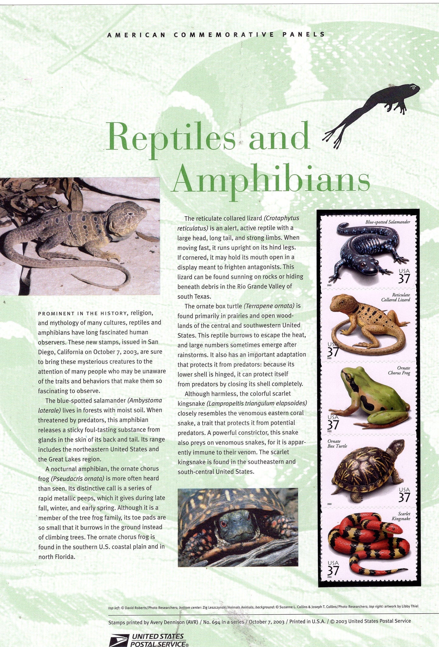 REPTILES AMPHIBIANS TURTLE Commemorative Panel w/ Block of 4 694 Yr