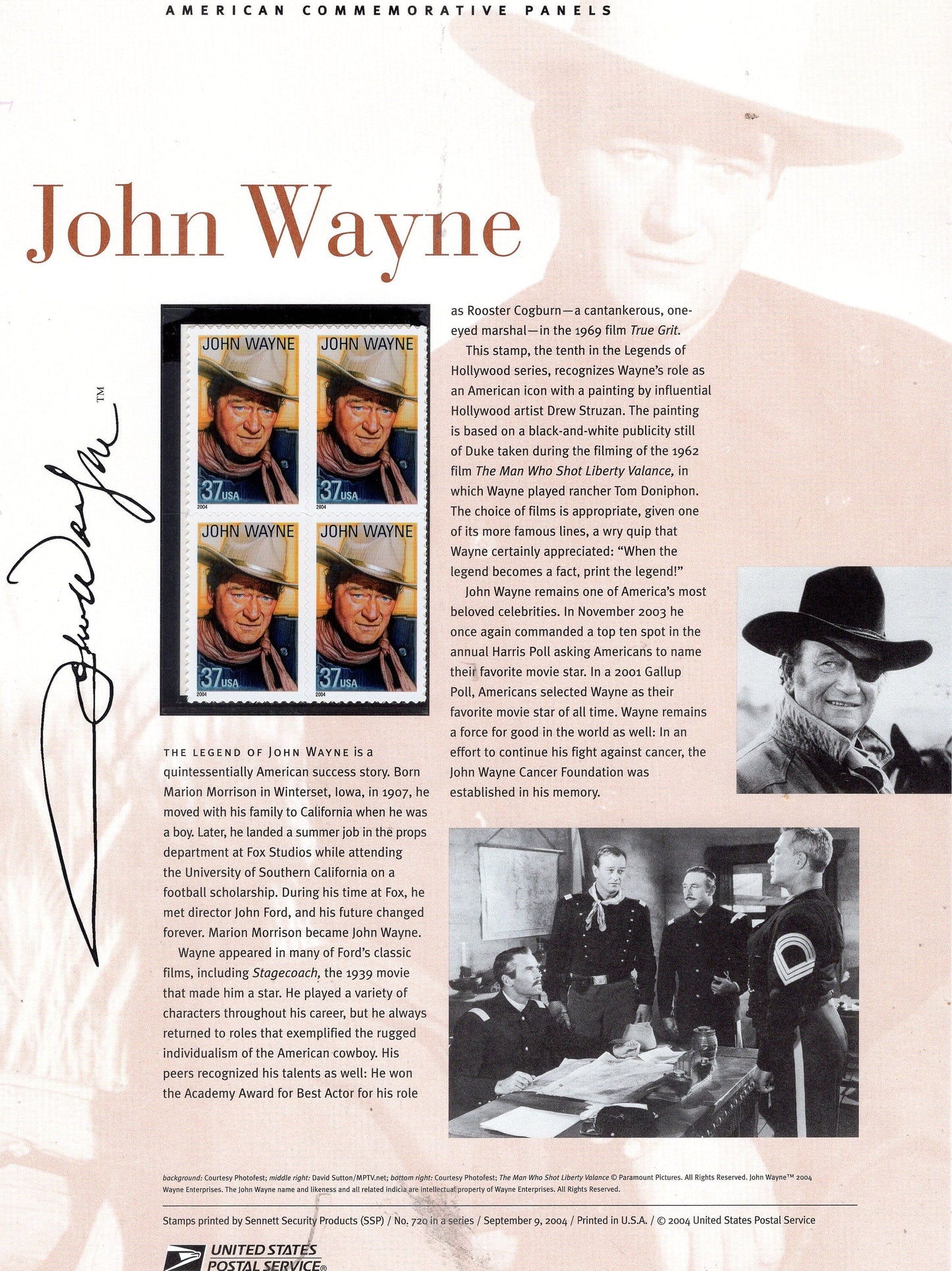 JOHN WAYNE ACTOR Award Marion Morrison Commemorative Panel with Block of 4