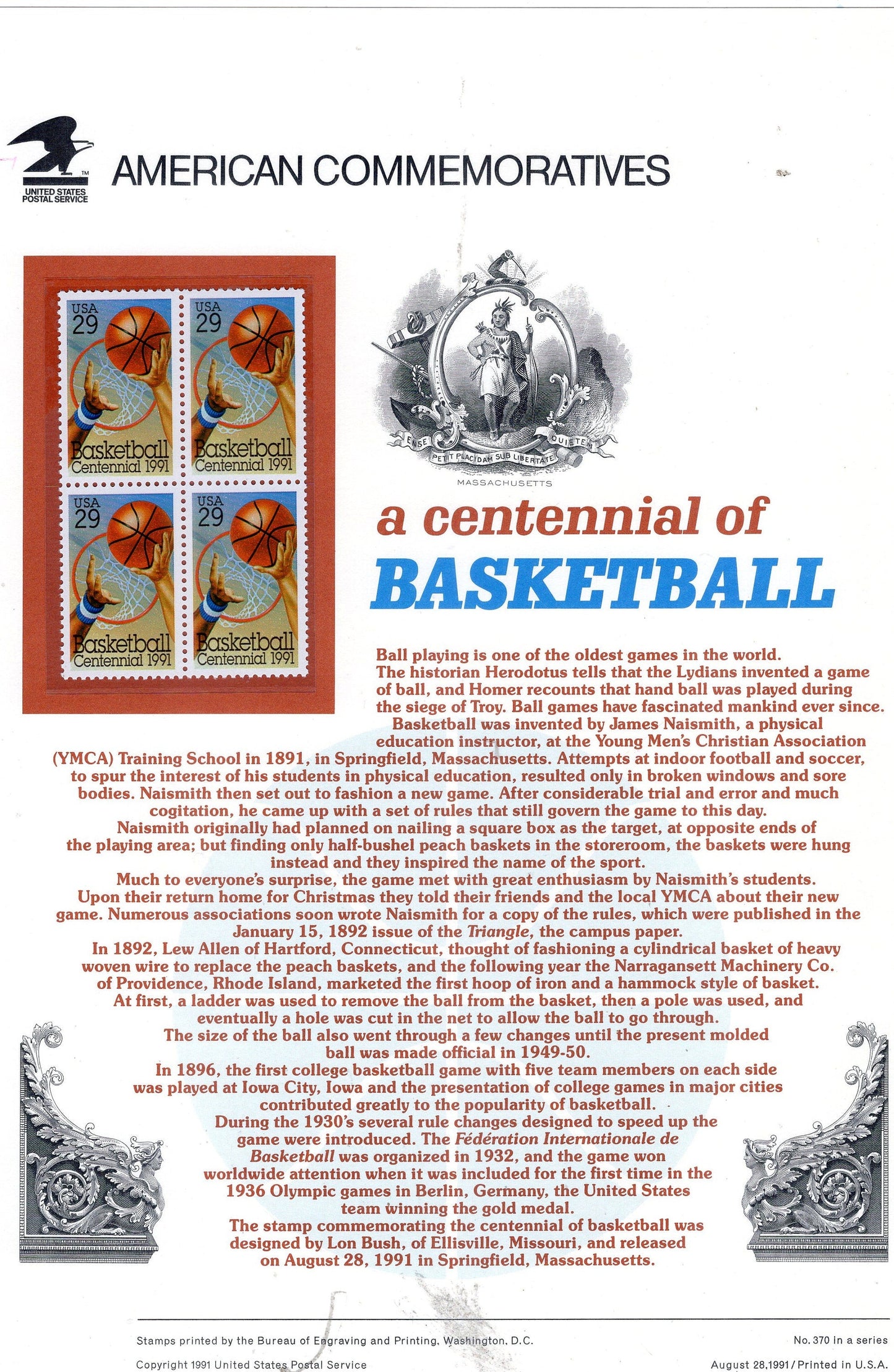 BASKETBALL CENTENNIAL NAISMITH Sport Hoop Commemorative Panel