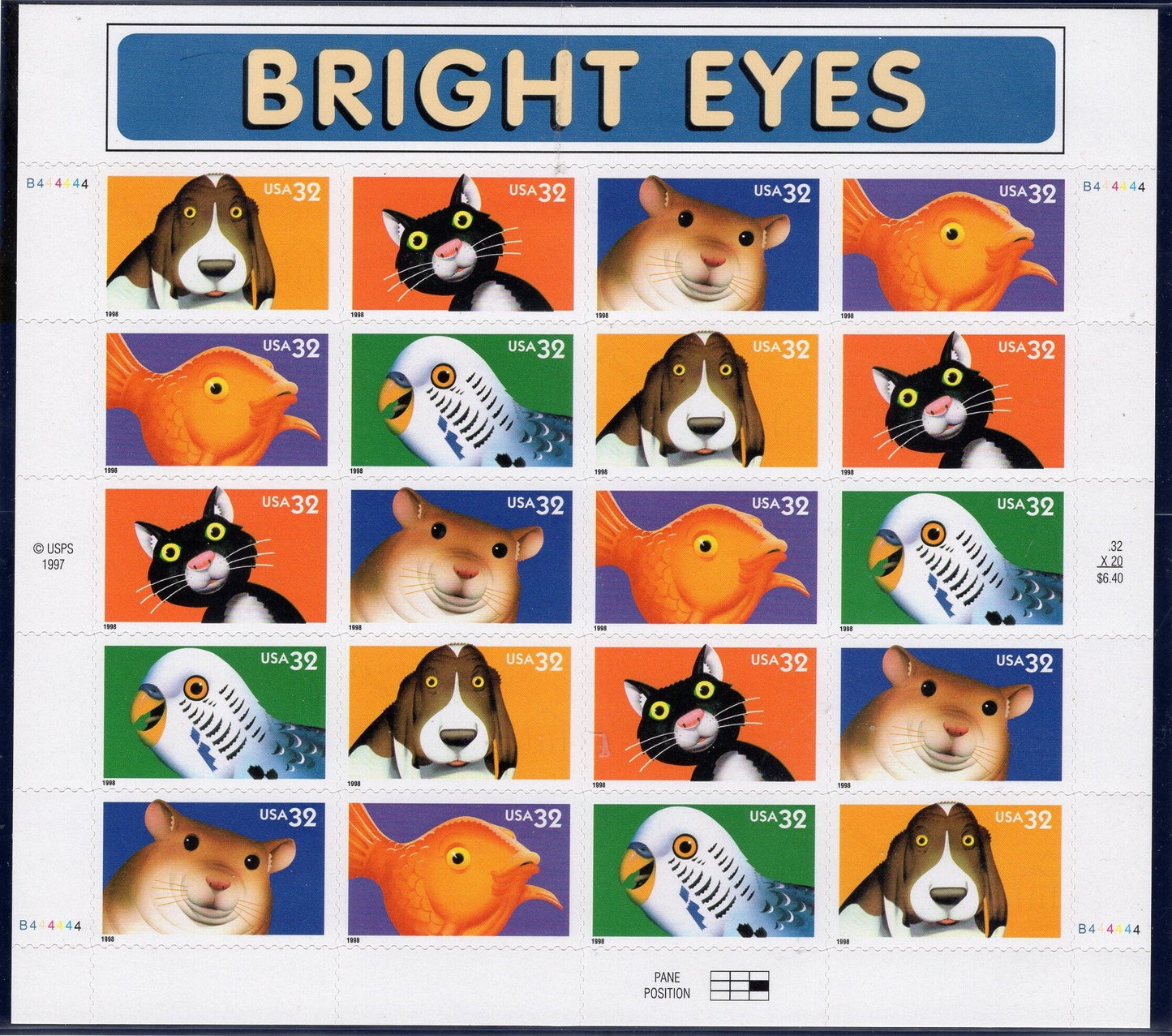 EYES PETS Sheet of 20 Cat Dog Parakeet Goldfish Hamster