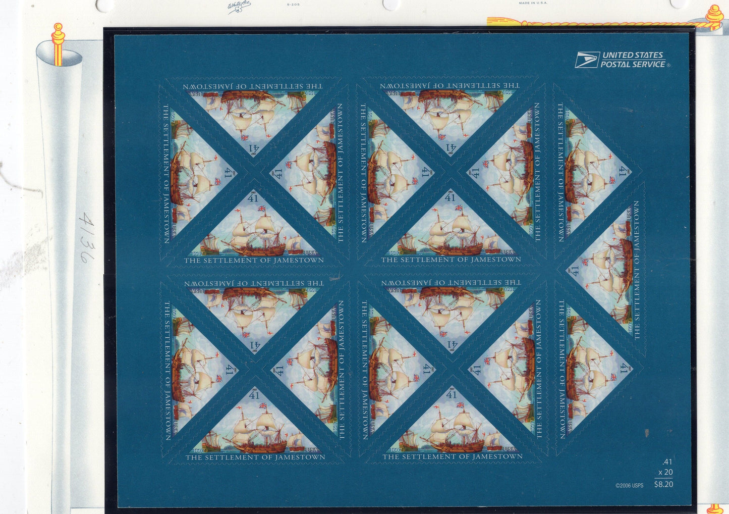 JAMESTOWN SETTLEMENT DECORATIVE Anniversary Sheet of 20 Three Sailing Ships Godspeed