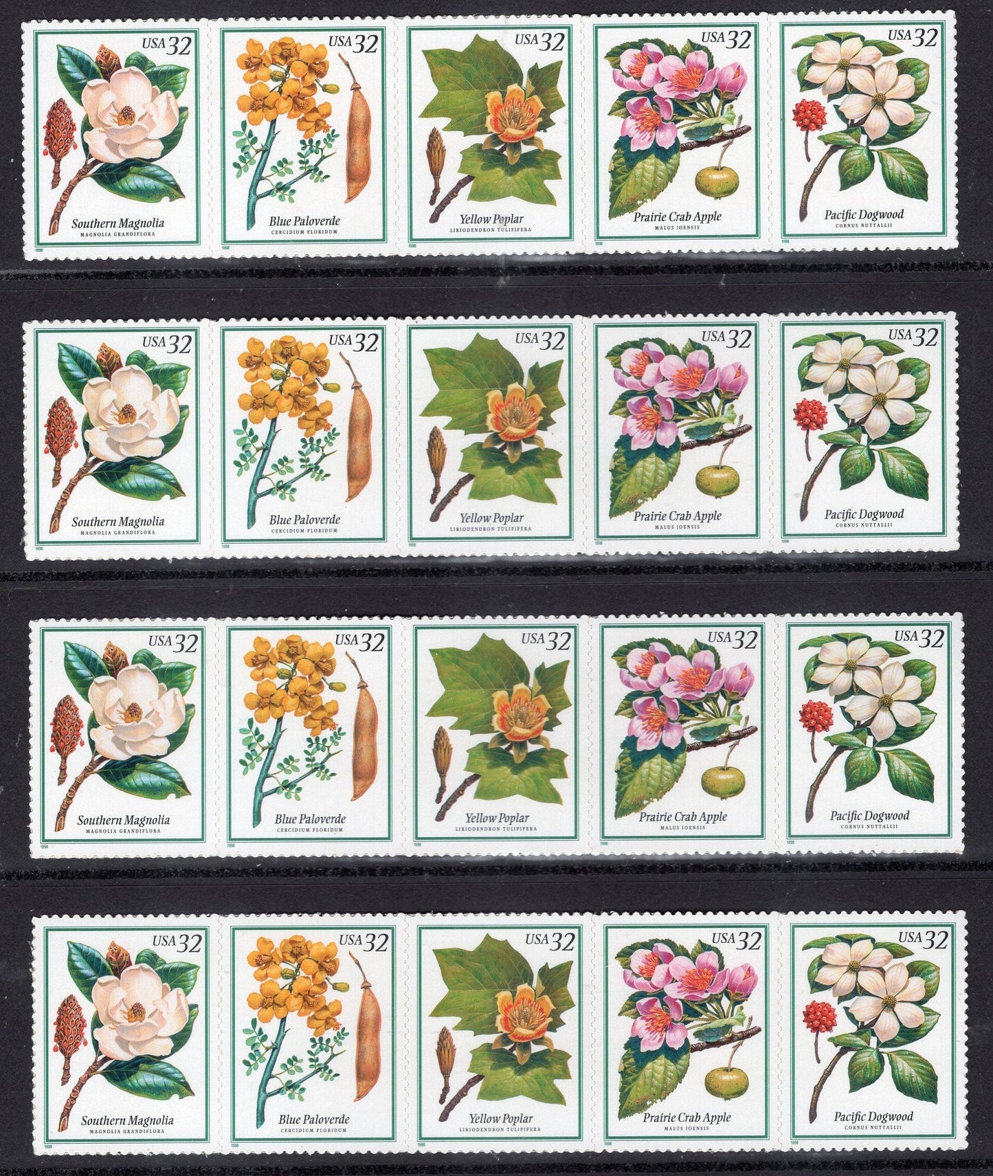 20 FLOWERING TREES inc MAGNOLIA Apple Dogwood (4 Strips of 5) 32c Self-adhesive for Weddings Invites
