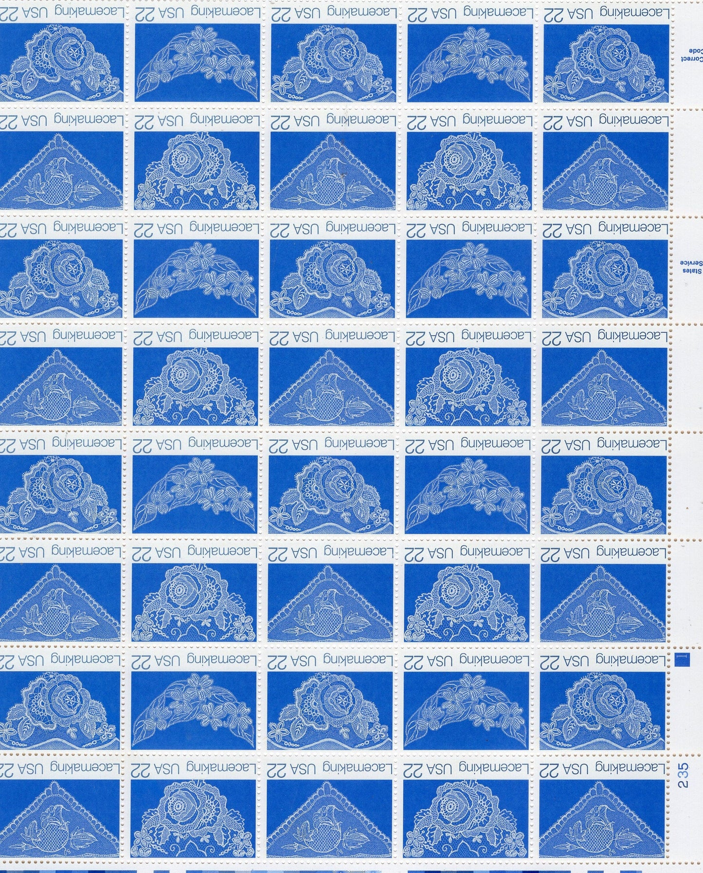 LACEMAKING LACE DELICATE Blue Sheet of 40 22c - 4 different Designs - Wedding