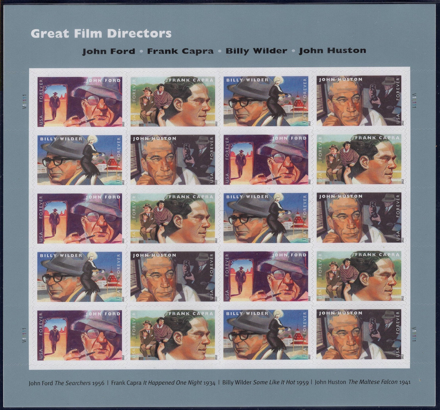GREAT FILM DIRECTORS Sheet of 20 Capra Wilder Huston Ford + Actors Monroe Wayne Gable Bogart