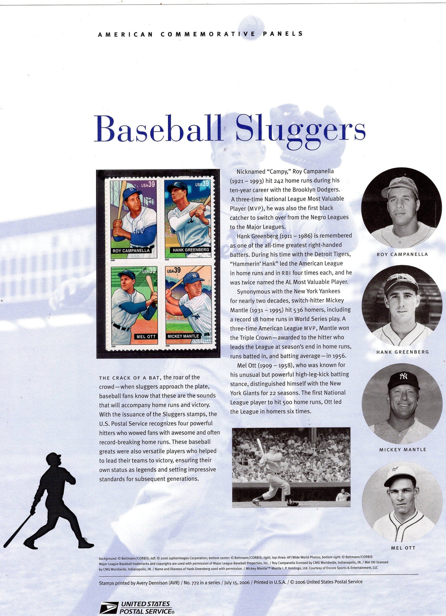 BASEBALL SLUGGERS MANTLE Campanella Ott Greenberg Special Commemorative Panel