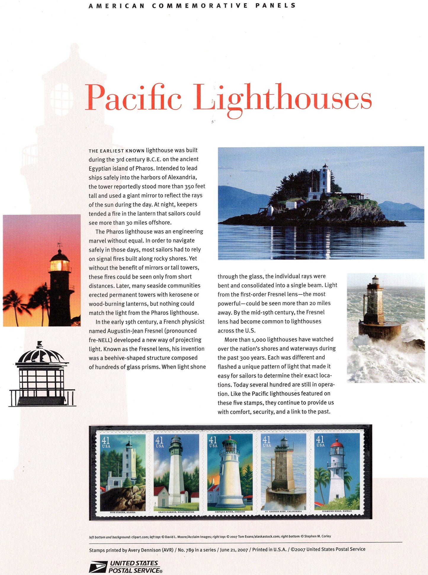 PACIFIC COAST LIGHTHOUSES Strip of 5 Commemorative Panel with 5