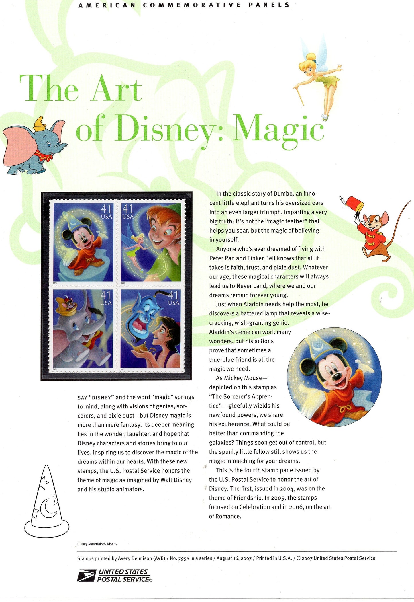 ART DISNEY MAGIC Mickey Dumbo Tinker Commemorative Panel w/Block of 4