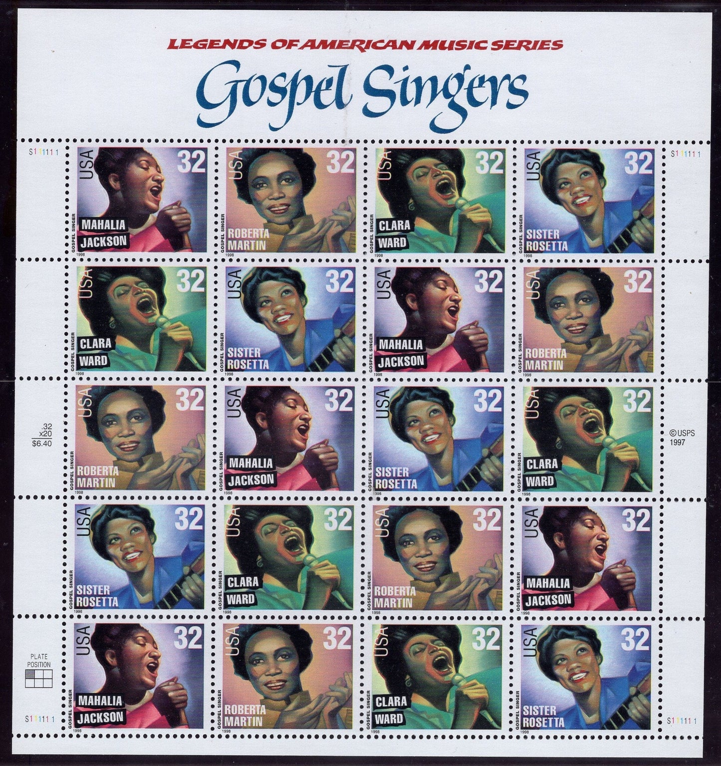 GOSPEL SINGERS MUSIC Mahalia Jackson Roberta Ward Martin Tharpe Black Americans Sheet of 20