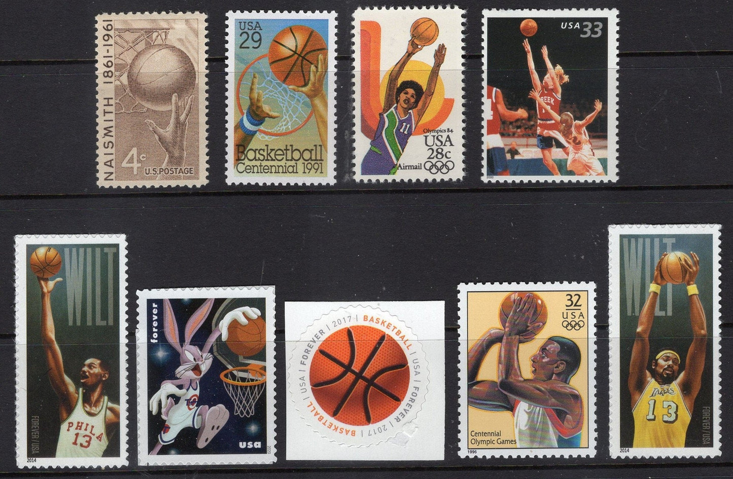 United States • Scott • 1 BASKETBALL COLLECTION of 9 Stamps Great Gift! - Chamberlain Naismith Girls more • NH