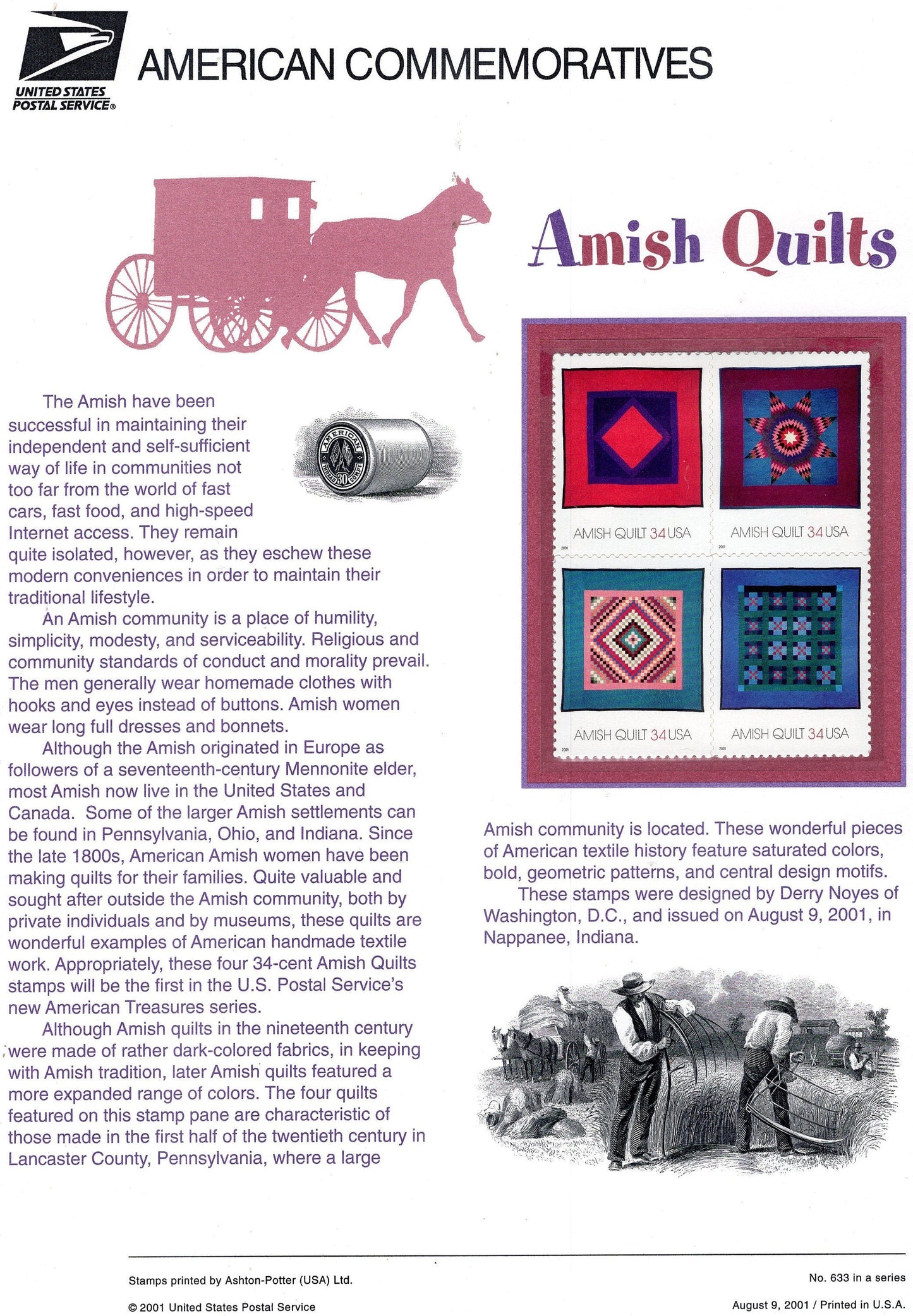 AMISH QUILTS TEXTILES Commemorative Panel w/ Block of 4