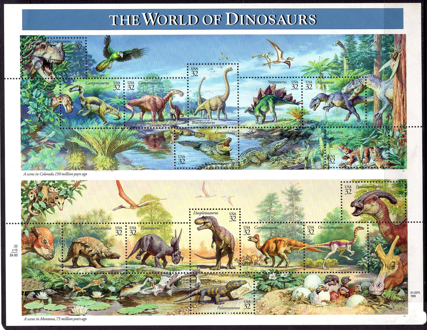 15 DINOSAURS in 1 Complete SHEET of Pictorial Depicting the World of Dinosaurs