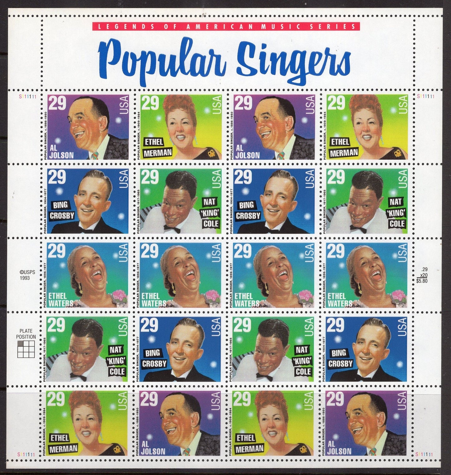 POPULAR SINGERS Sheet of 20 - Nat King Cole Al Jolson Bing Crosby Ethels Waters & Merman