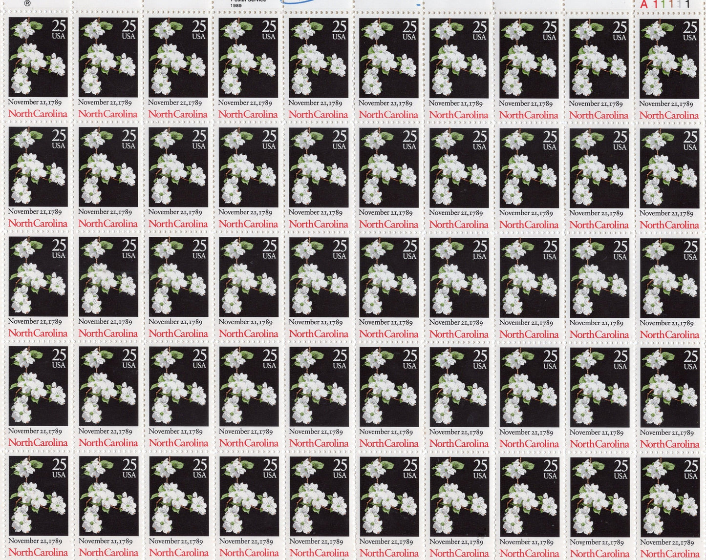 NORTH CAROLINA DOGWOOD White Blossoms Constitution Ratification Sheet of 50 in Sheet .