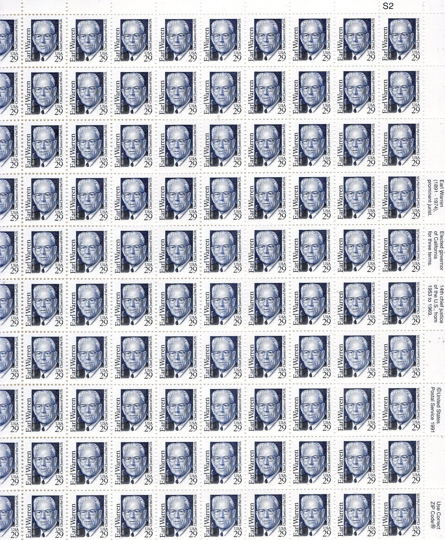EARL WARREN JURIST Chief Justice Supreme Court California Governor Complete Sheet of 100