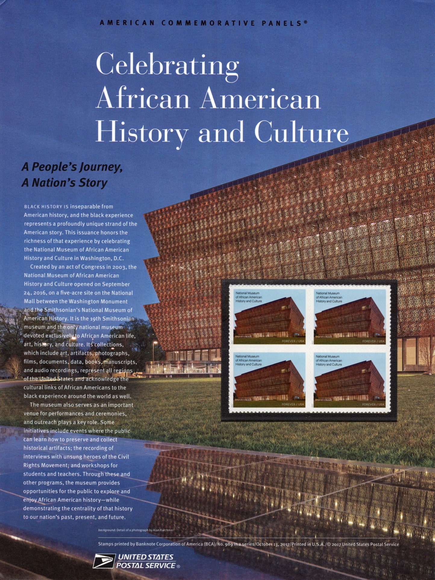 AFRICAN AMERICAN HISTORY Culture Museum Commemorative Panel w/ Block of 4