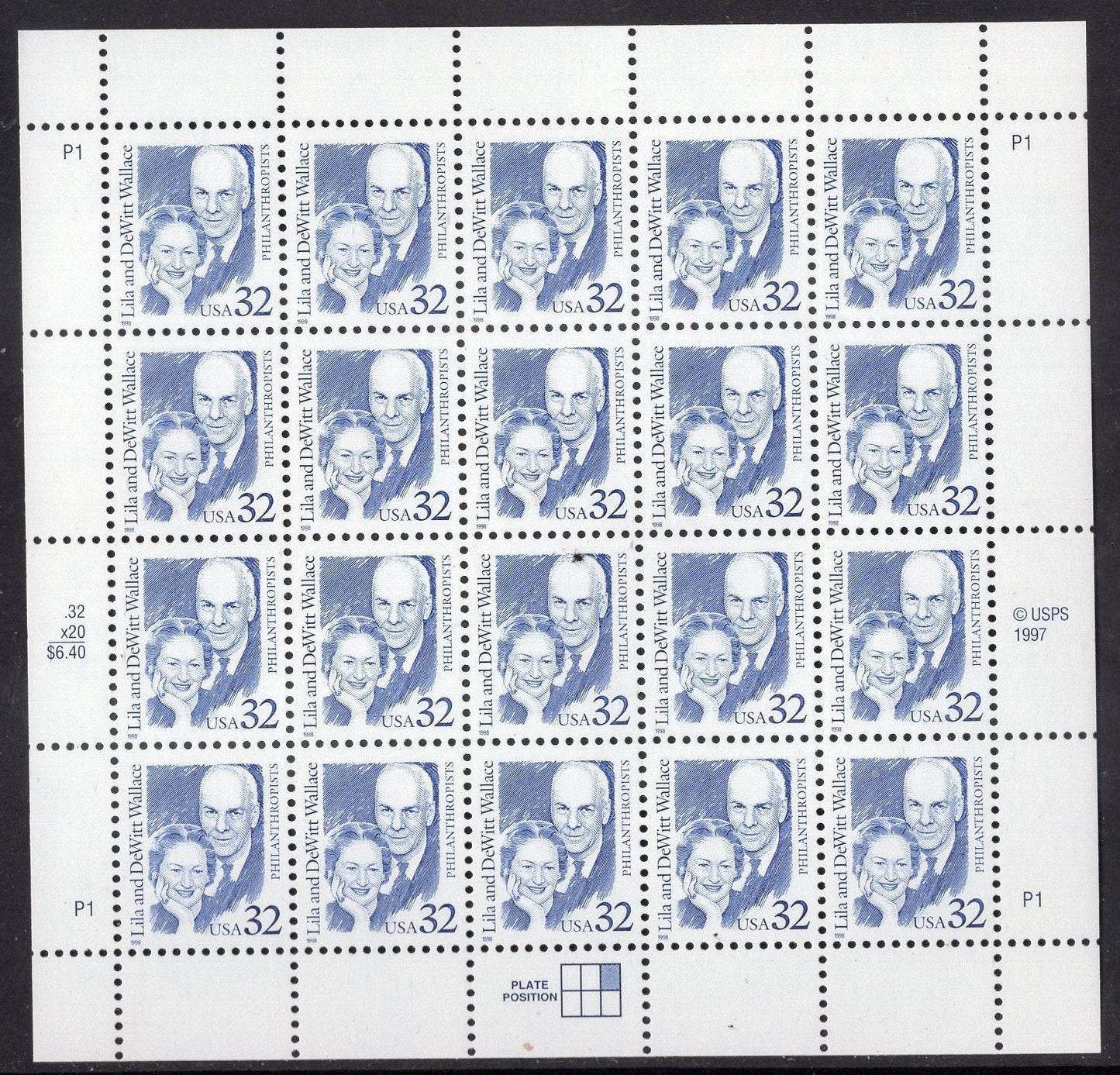READER'S DIGEST Founders Lila and DeWitt WALLACE Complete Sheet of 20