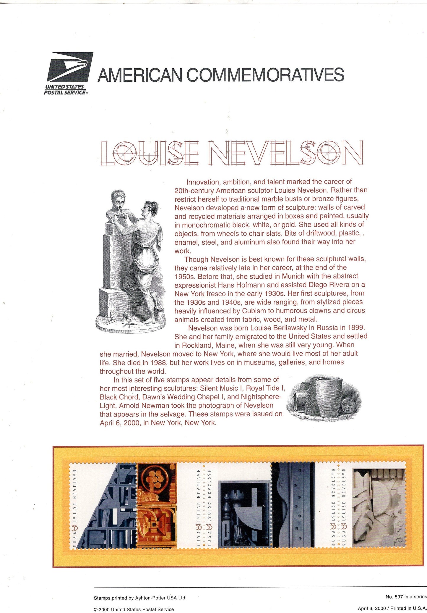 LOUISE NEVELSON SCULPTOR Art Commemorative Panel w/ Block of 4 597