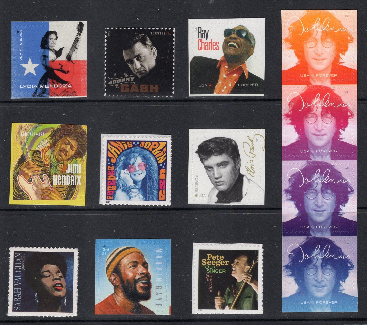 13 MUSIC ICONS USA Post Office Series Elvis Lennon Cash Charles Hendrix Joplin Gay Lennon Vaughan Seeger