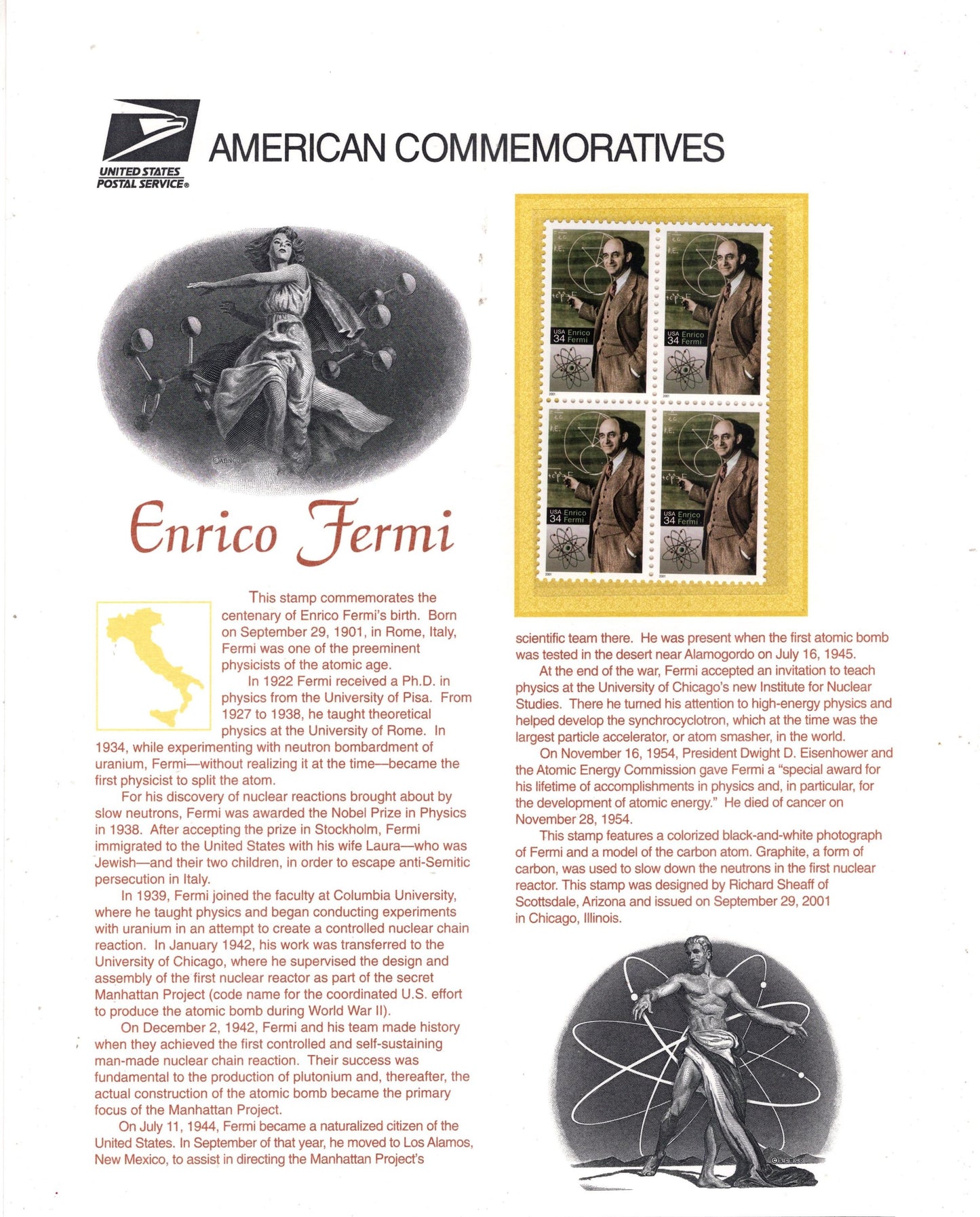ATOMIC PHYSICIST Enrico FERMI Nobel Winner Commemorative Panel w/ Block of 4