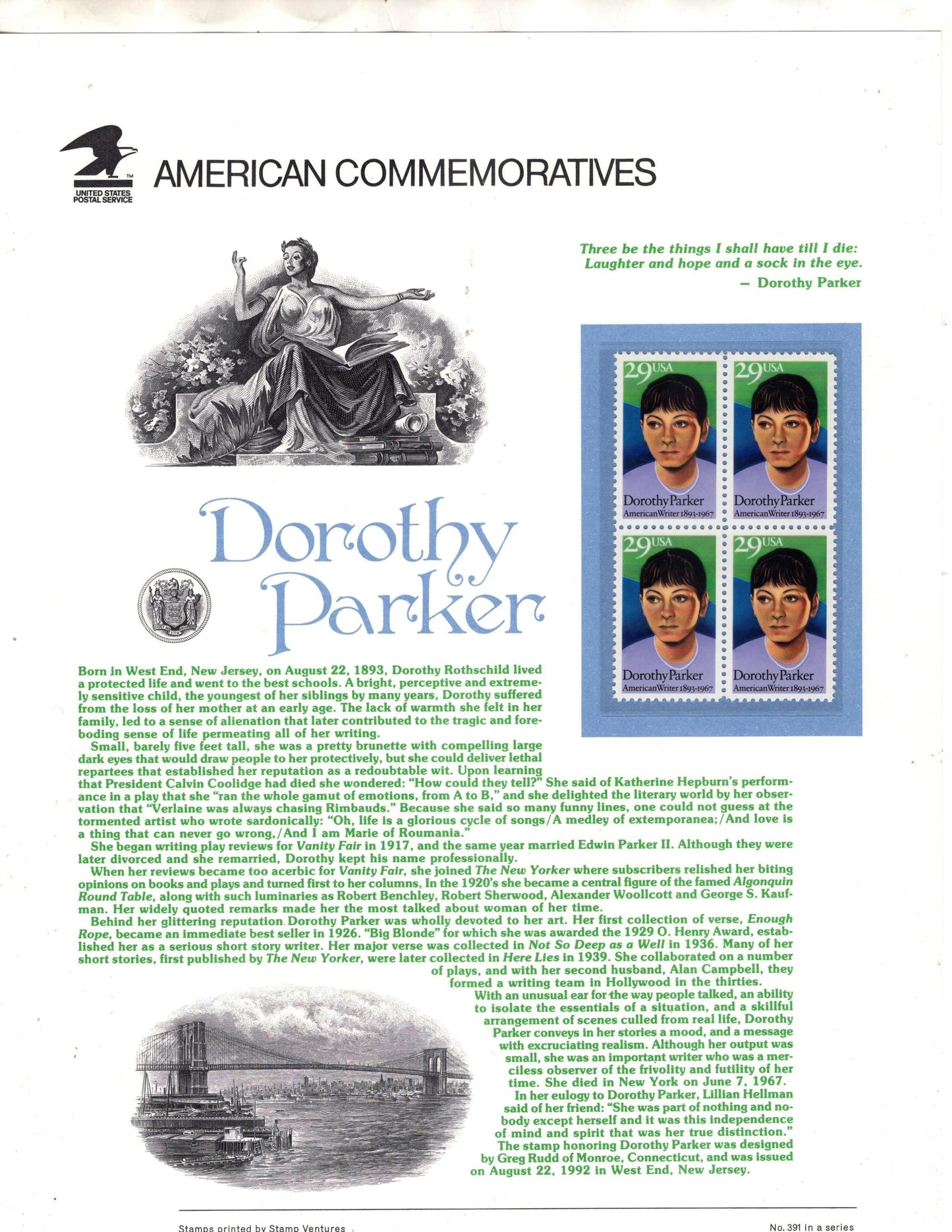 DOROTHY PARKER Humorist Commemorative Panel w/4 - Round Algonquin Round Table Humor Verse