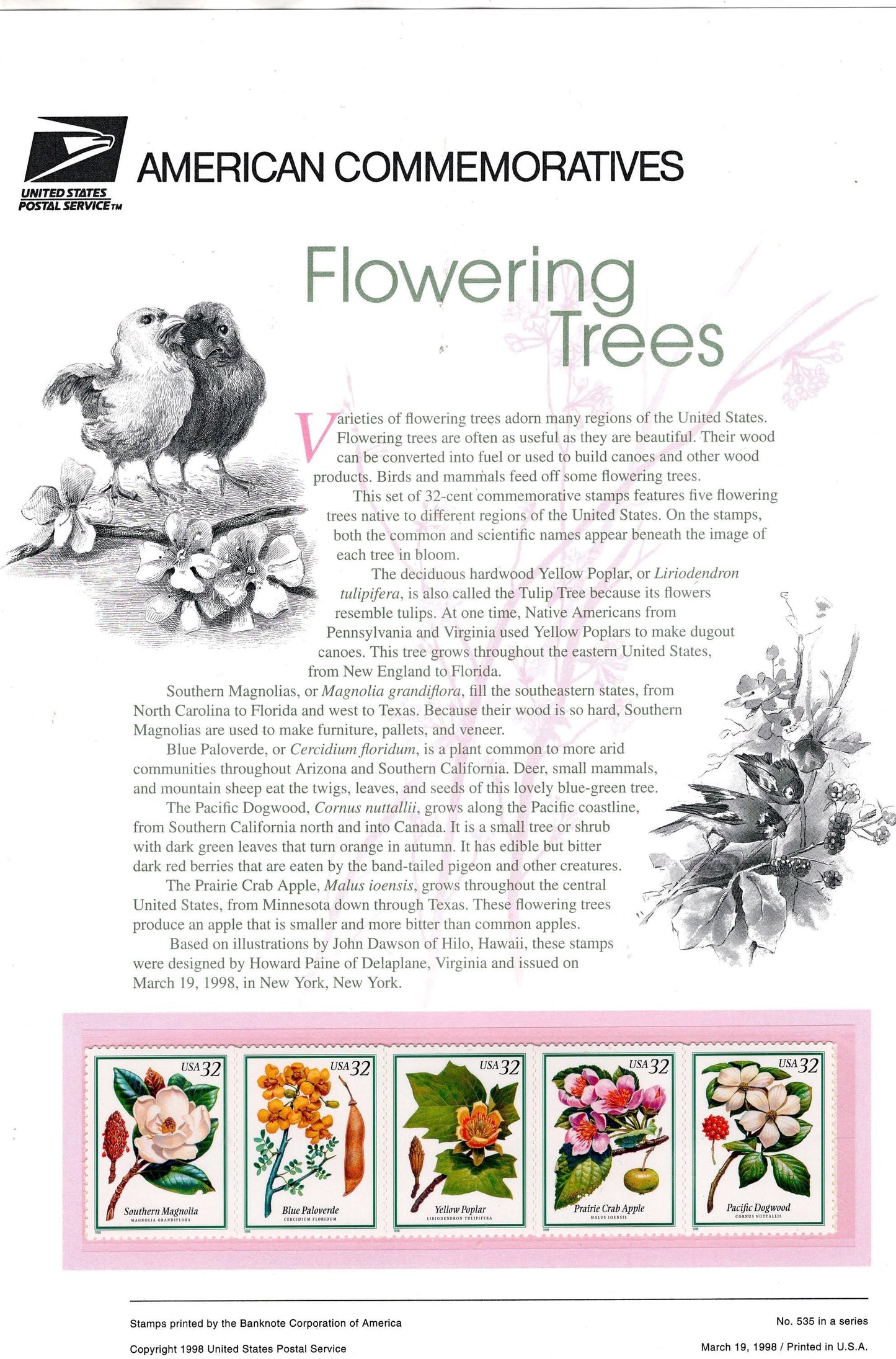 FLOWERING TREES inc MAGNOLIA Apple Dogwood Poplar Commemorative Panel