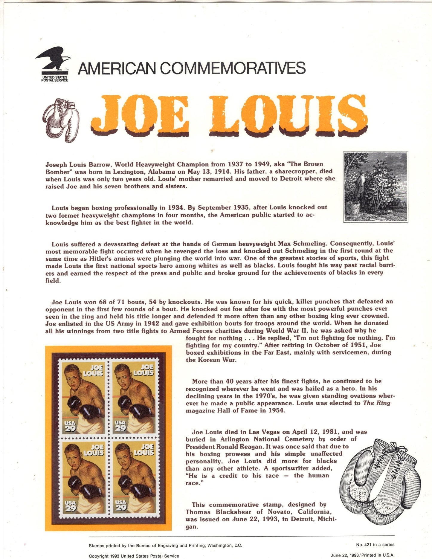 BOXER JOE LOUIS Heavyweight Champion - Commemorative Panel w/ Block of 4