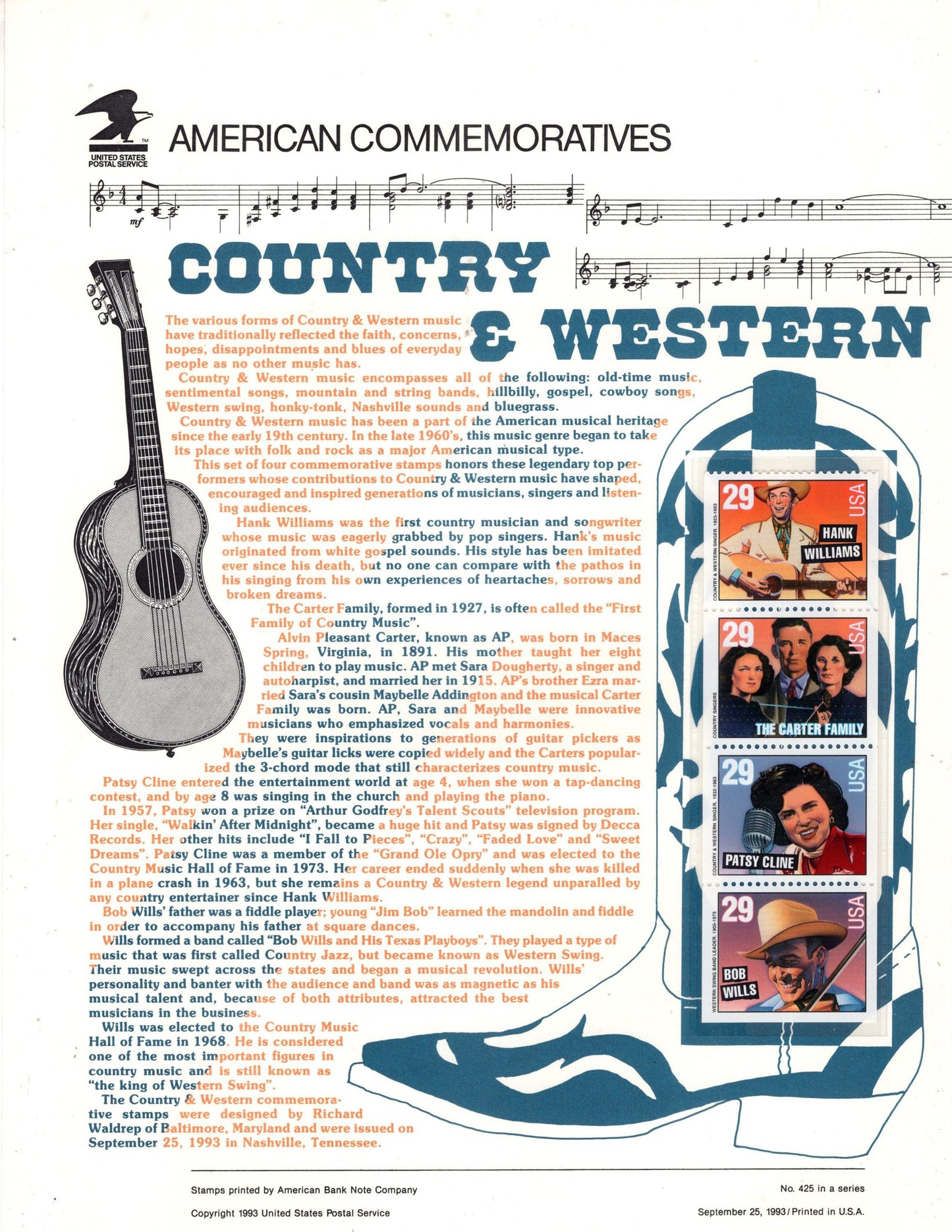 COUNTRY WESTERN SINGERS Patsy Cline Hank Williams Carters Commemorative Panel w/ 4