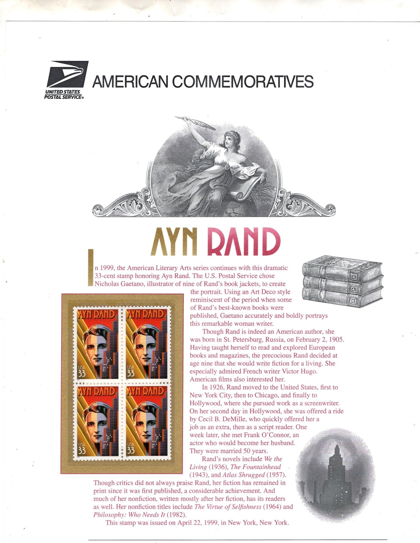 AYN RAND LITERARY Arts Atlas Shrugged Art Deco - Commemorative Panel w/ Block of 4
