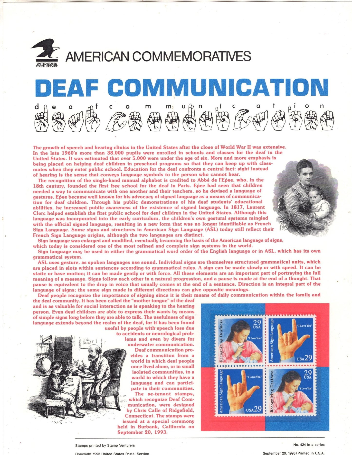 DEAF COMMUNICATION ASL American Sign Language Commemorative Panel w/ Block of 4