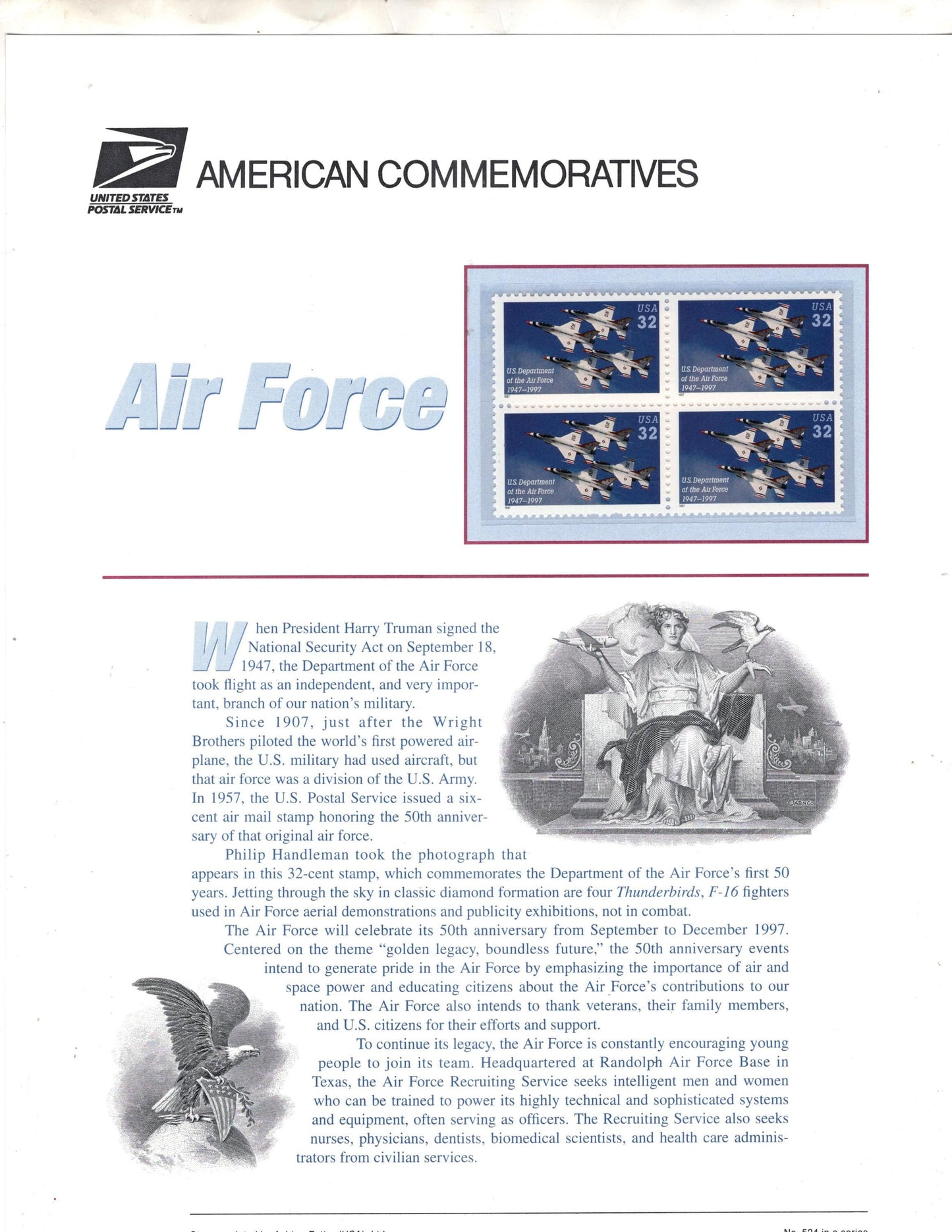 AIR FORCE THUNDERBIRDS Squadron Anniversary - Commemorative Panel w/ Block of 4