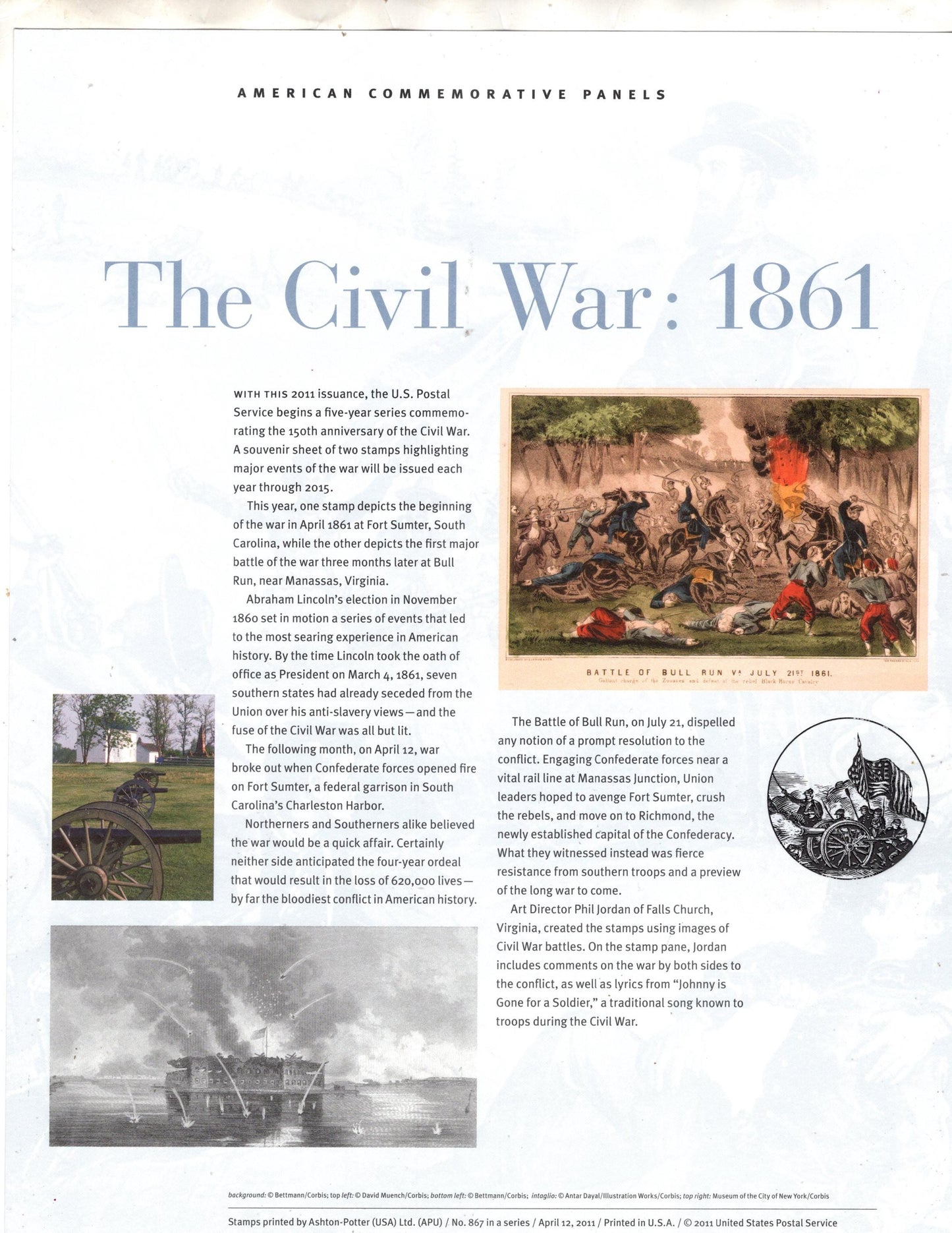 CIVIL WAR 1861 ATTACK on Fort Sumter - Bull Run Commemorative Panel w/Sheet of 12