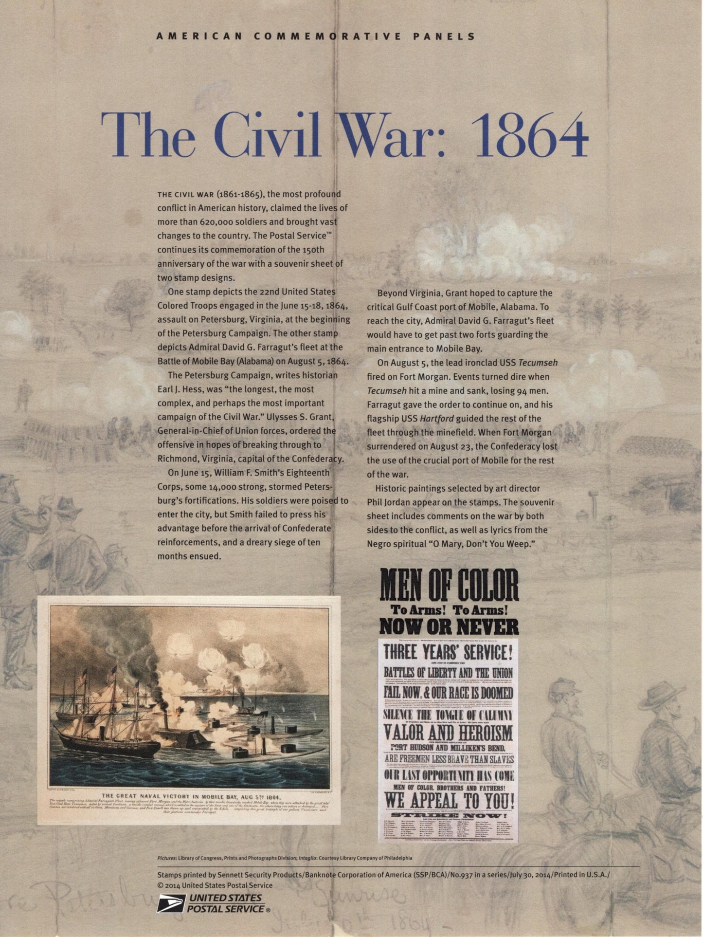 CIVIL WAR 1864 Battles of Petersburg Mobile Bay Commemorative Panel w/Sheet of 12