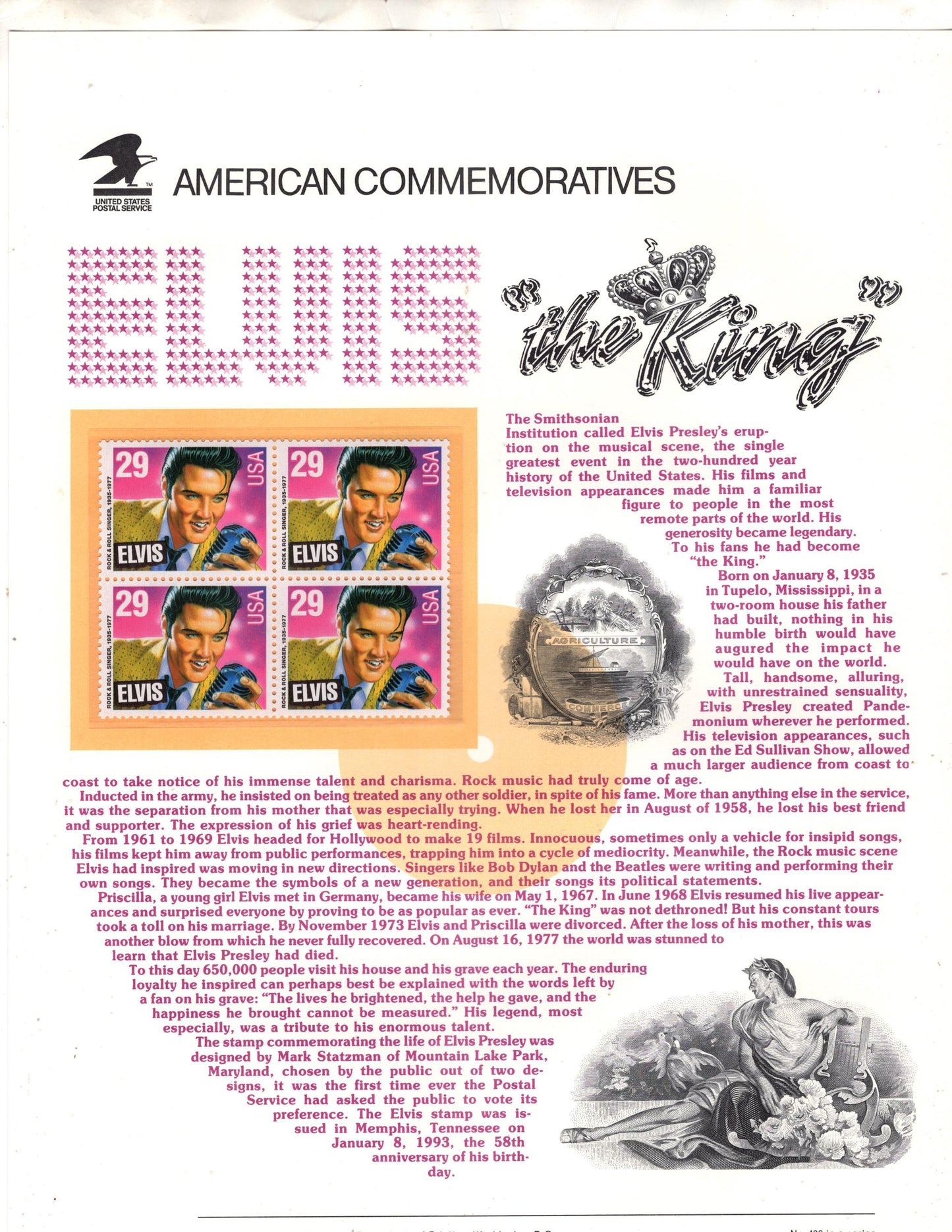 ELVIS PRESLEY - "The KING" Commemorative Panel w/ Block of 4